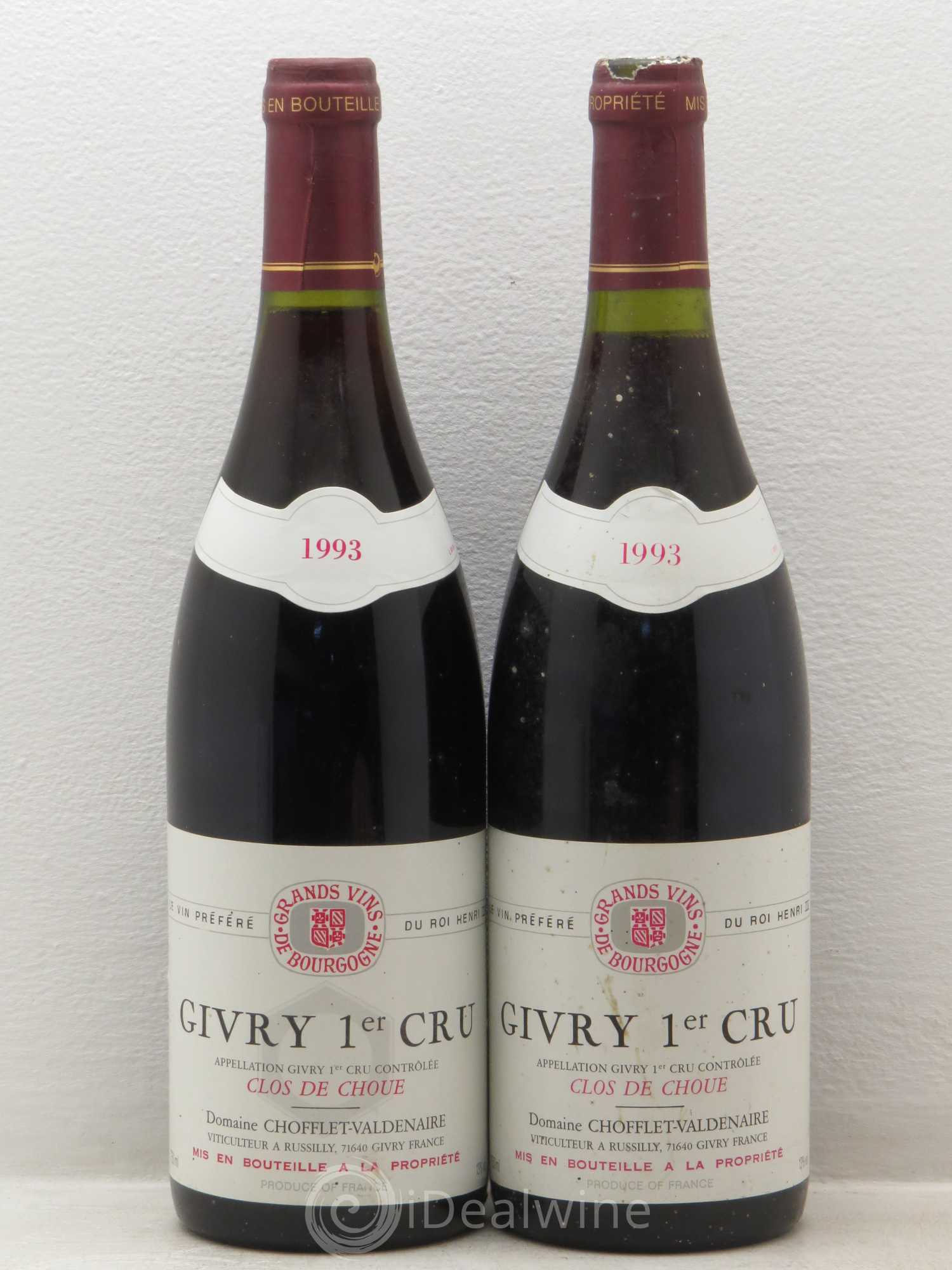 Givry 1er Cru Clos de la Choue - Domaine Chofflet Valdenaire 1993 - Posten von 2 Flaschen - 0