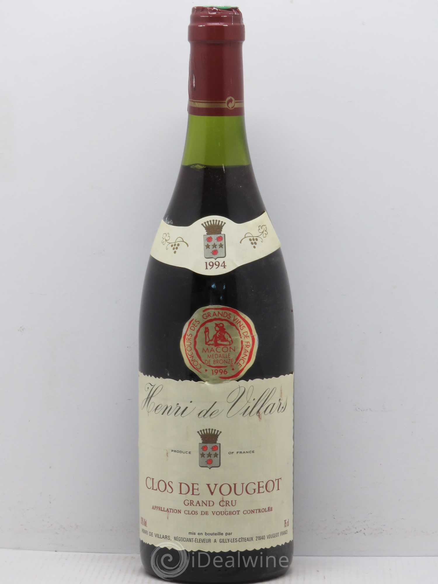Clos de Vougeot Grand Cru Domaine Henri de Villars 1994 - Lot de 1 bouteille - 0