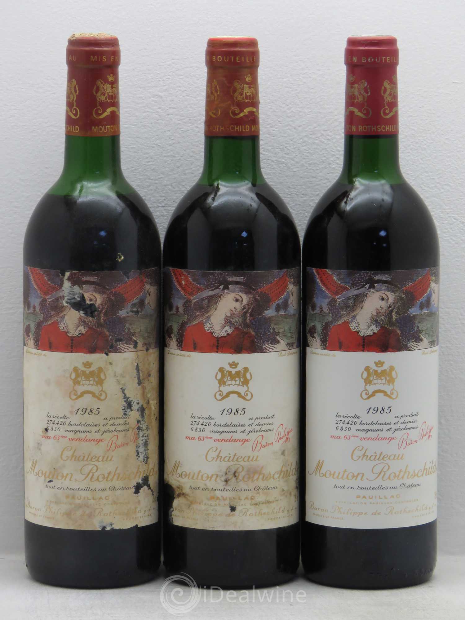 Château Mouton Rothschild 1er Grand Cru Classé 1985 - Lot de 3 bouteilles - 0