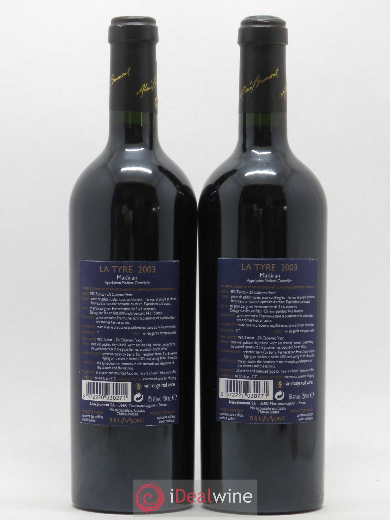 Madiran Château Montus-La Tyre Alain Brumont 2003 - Lot de 2 bouteilles - 1