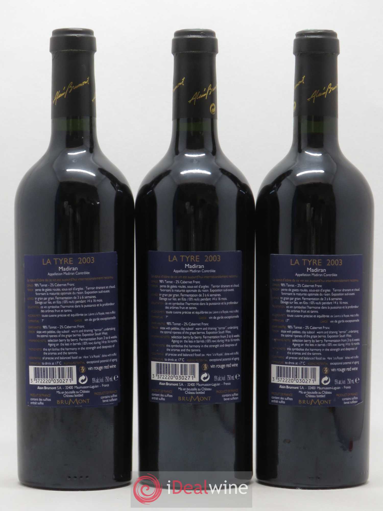 Madiran Château Montus-La Tyre Alain Brumont 2003 - Lot de 3 bouteilles - 1