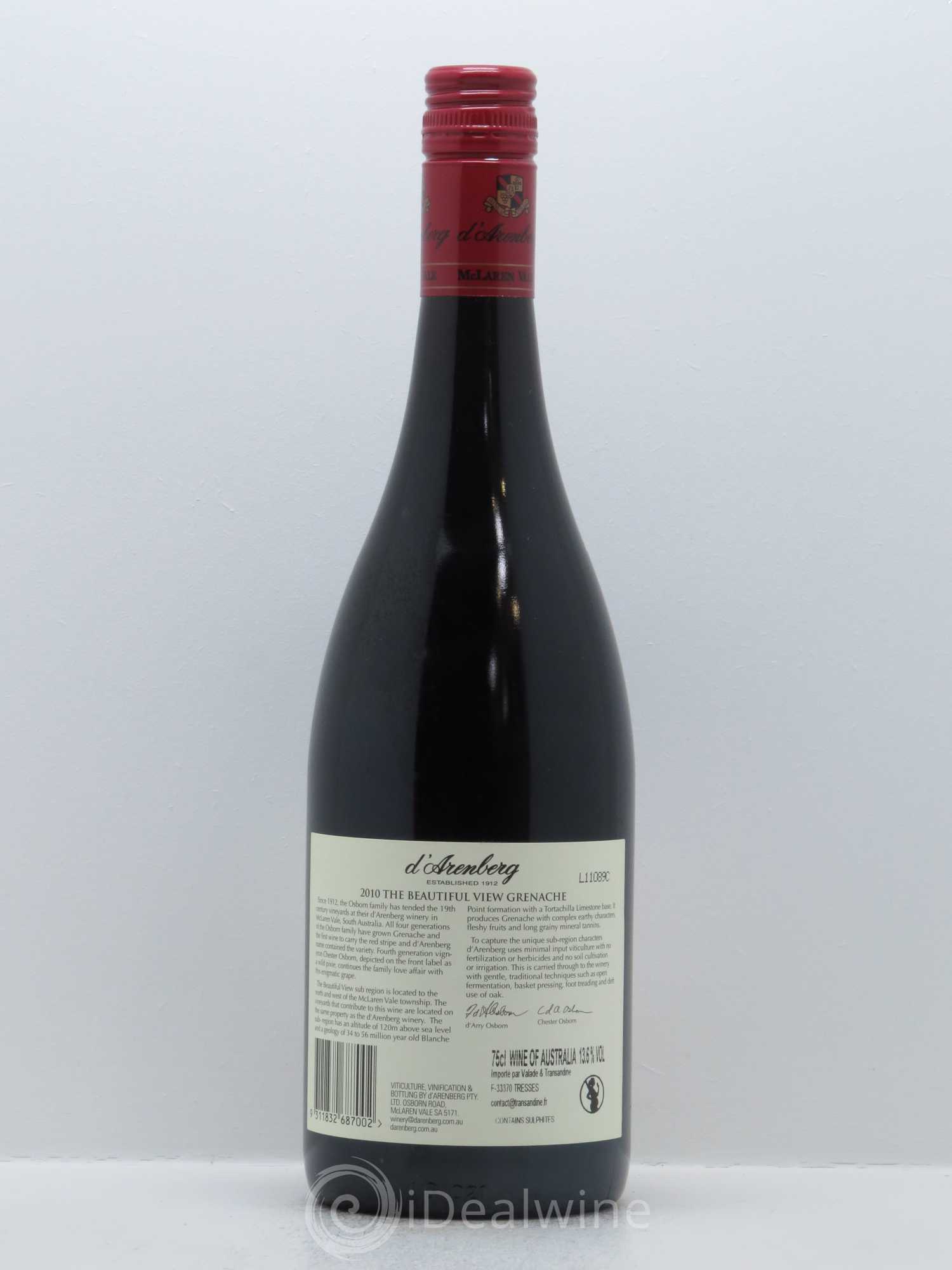 McLaren Vale d'Arenberg Beautiful View Grenache 2010 - Lot de 1 bouteille - 1
