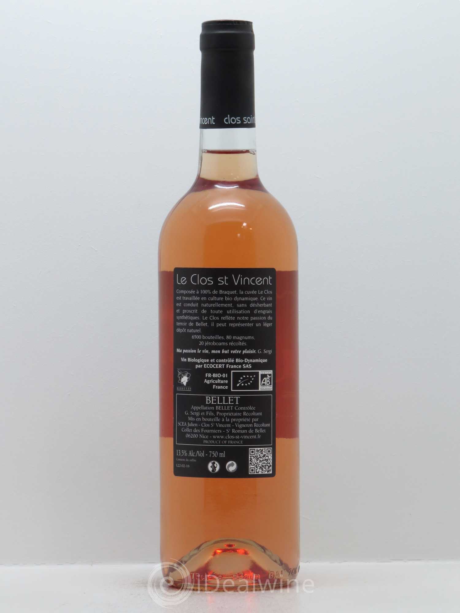 Bellet Clos Saint-Vincent Le Clos Famille Sicardi-Sergi 2015 - Lot de 1 bouteille - 1