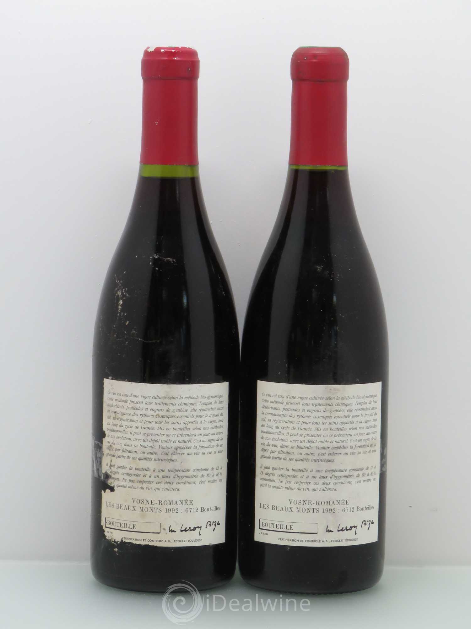 Vosne-Romanée 1er Cru Les Beaux-Monts Leroy (Domaine) 1992 - Lot de 2 bouteilles - 1