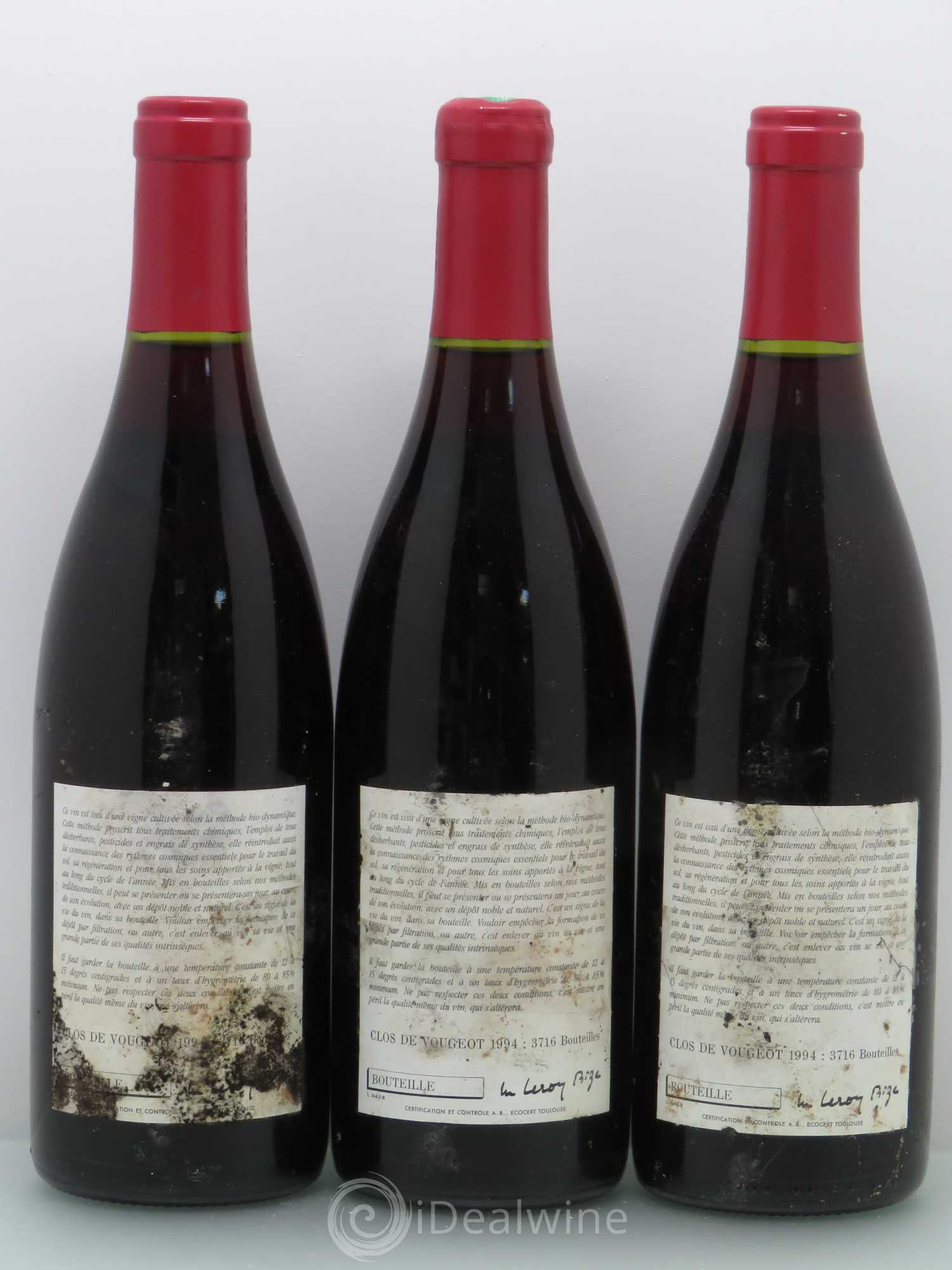 Clos de Vougeot Grand Cru Leroy (Domaine) 1994 - Lot de 3 bouteilles - 1
