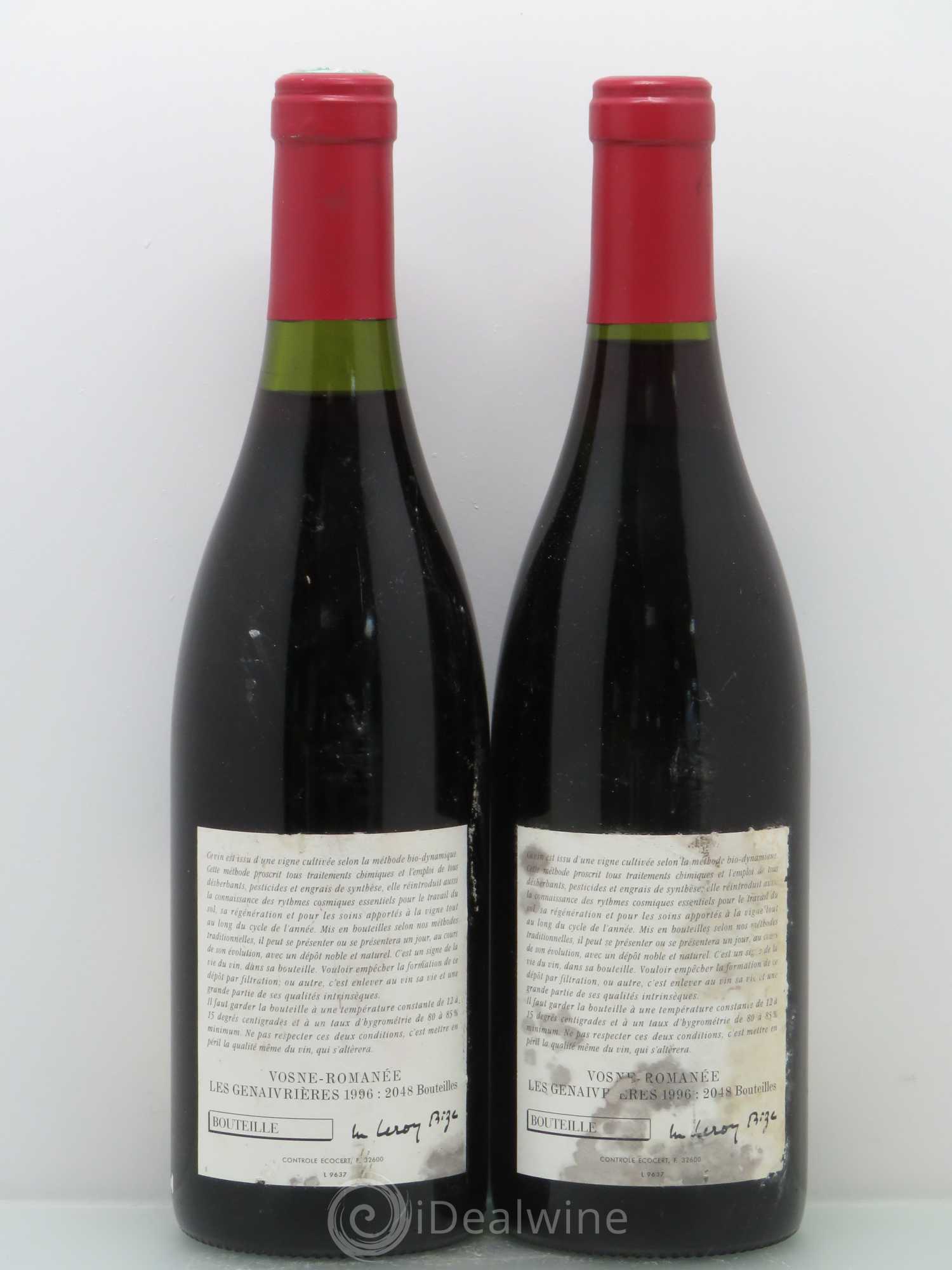 Vosne-Romanée Les Genaivrières Leroy (Domaine) 1996 - Lot de 2 bouteilles - 1