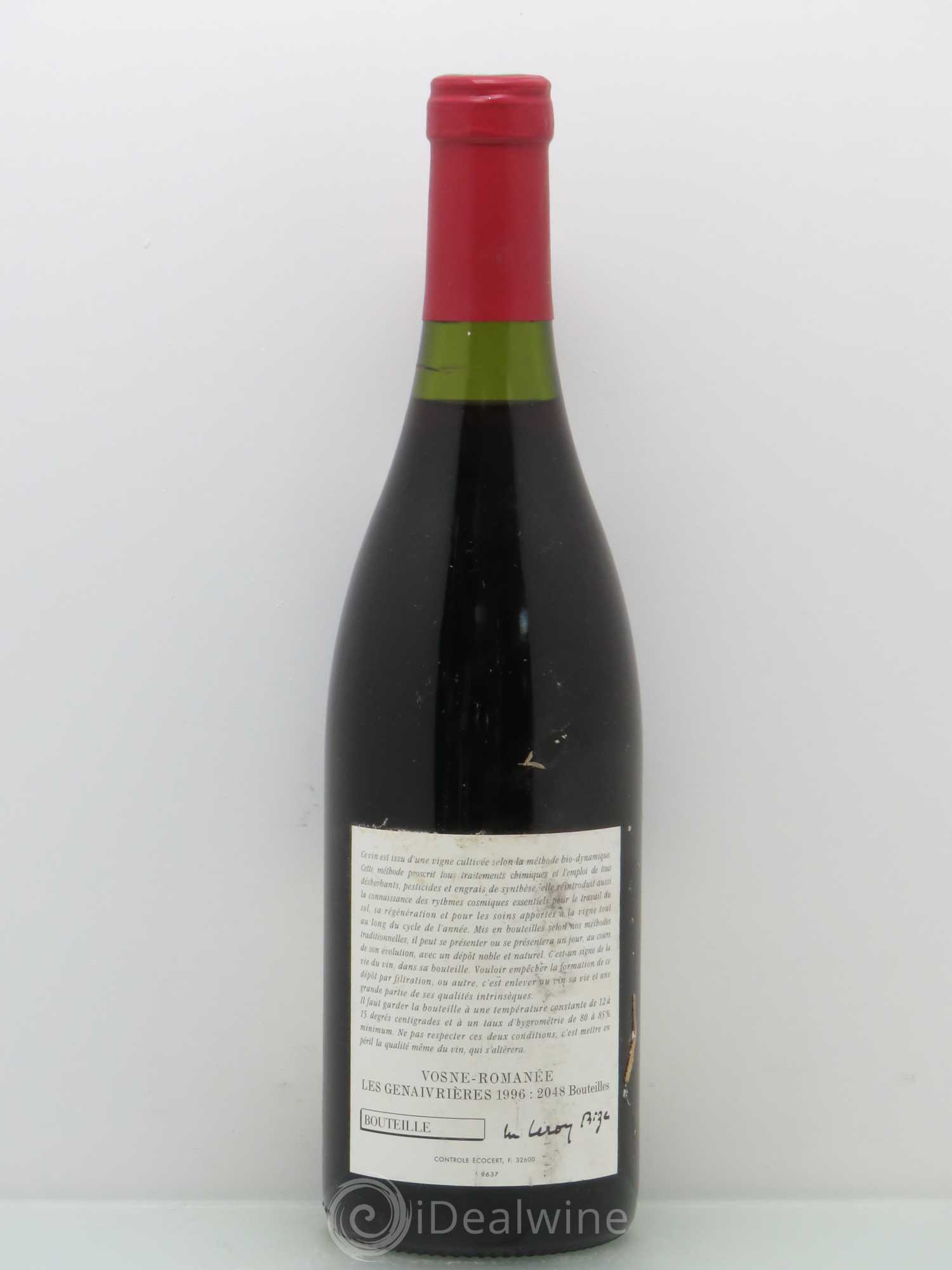 Vosne-Romanée Les Genaivrières Leroy (Domaine) 1996 - Lot de 1 bouteille - 1