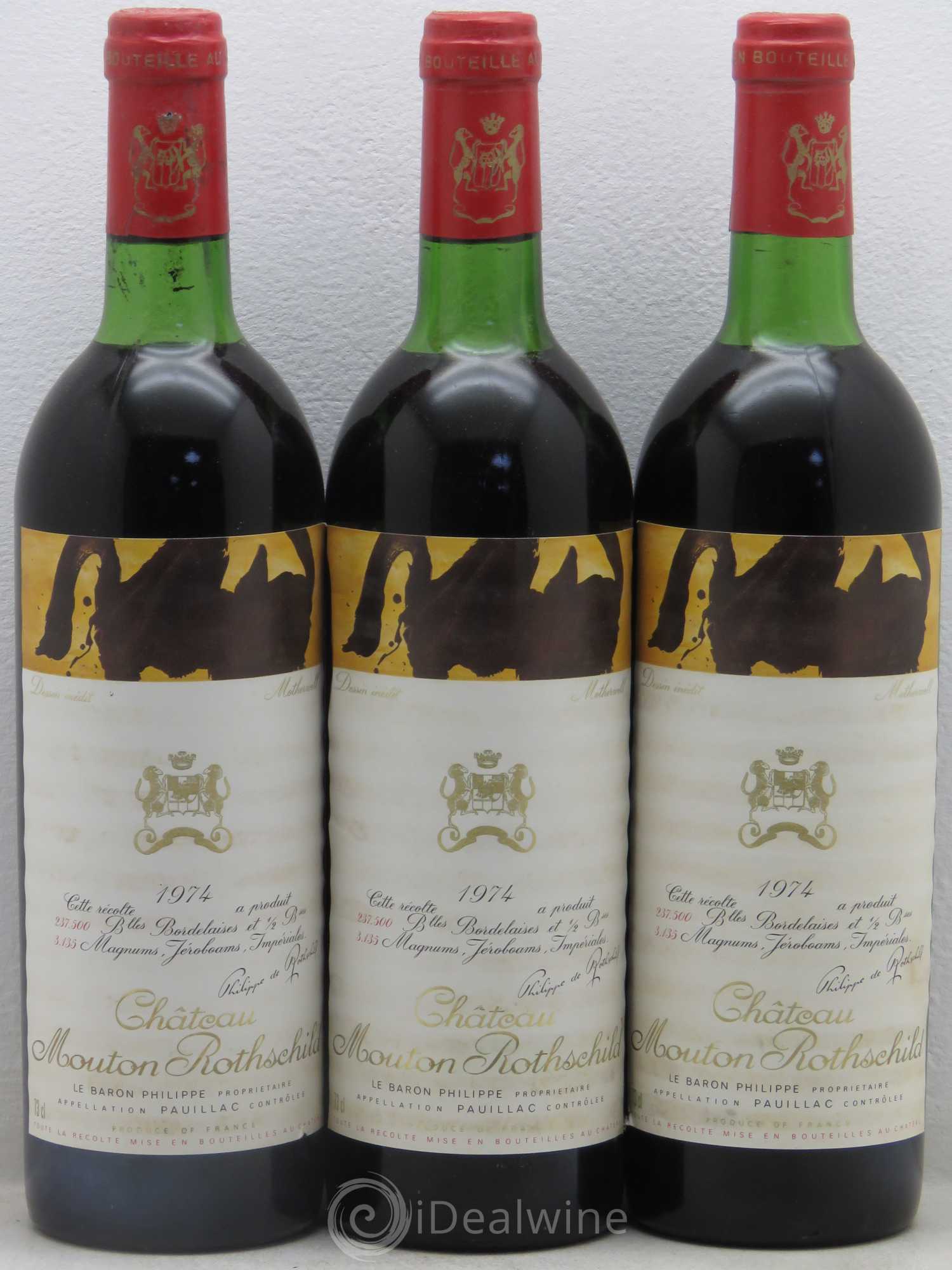 Château Mouton Rothschild 1er Grand Cru Classé 1974 - Lot de 3 bouteilles - 0