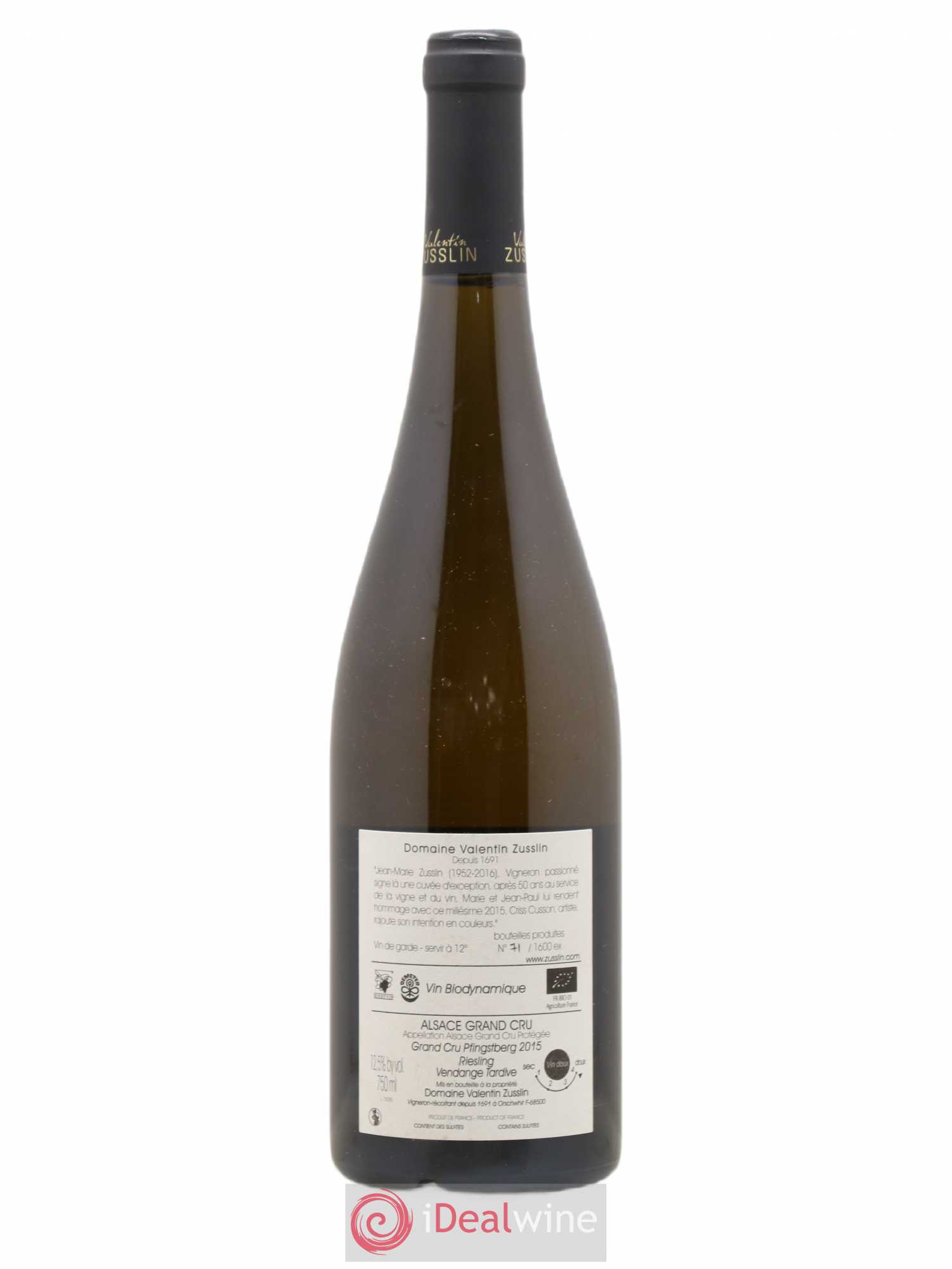 Alsace Riesling Vendanges Tardives Cuvée Hommage JMZ Grand Cru Pfingstberg Valentin Zusslin (Domaine) 2015 - Lotto di 1 bottiglia - 1
