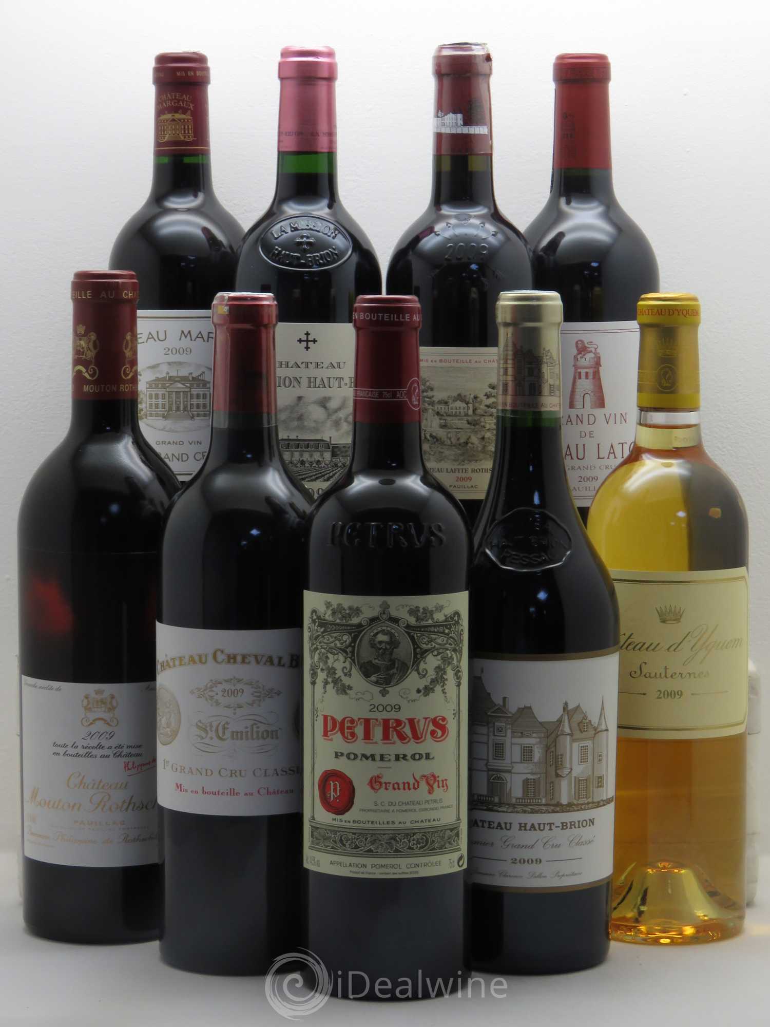Caisse Collection Duclot 2009 9 btes 1 Petrus, 1 Cheval Blanc, 1 Mission Haut Brion, 1 Haut Brion, 1 Margaux, 1 Lafite R.1 Latour, 1 Yquem, 1 Mouton R. 2009 - Posten von 1 Flasche - 0