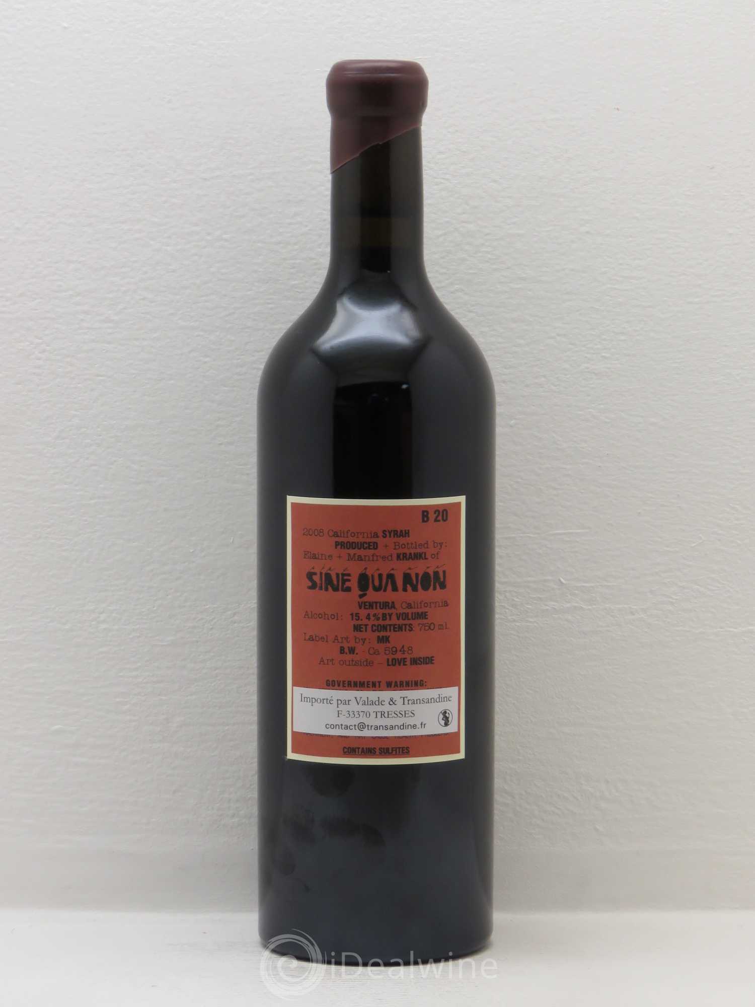 USA Sine Qua Non B-20 Shiraz Californie 2008 - Posten von 1 Flasche - 1