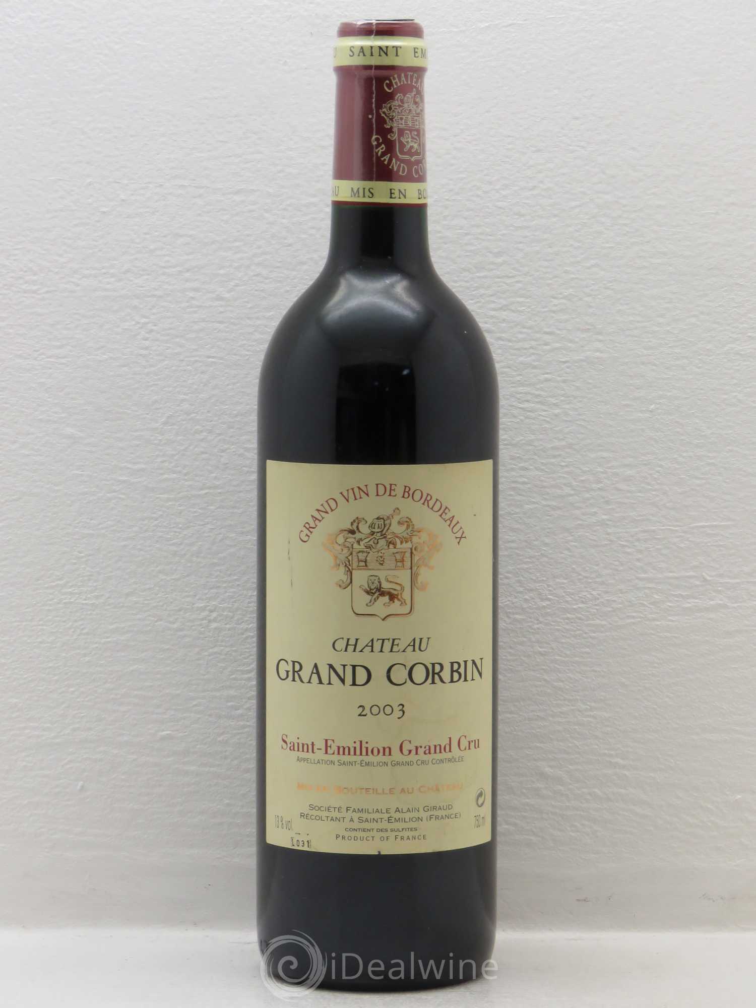 Château Grand Corbin Grand Cru Classé 2003 - Lot de 1 bouteille - 0