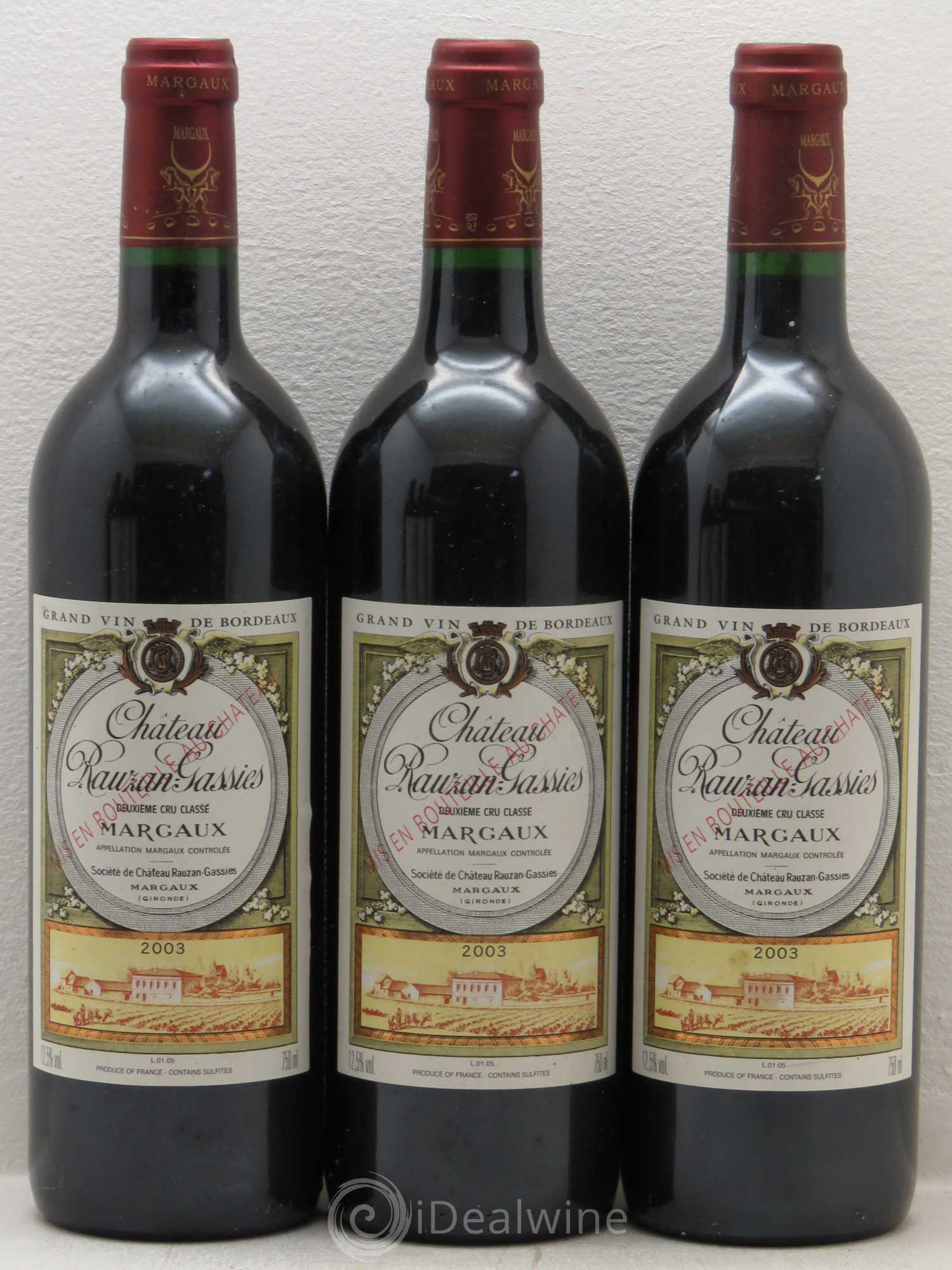 Château Rauzan-Gassies 2ème Grand Cru Classé 2003 - Lot de 3 bouteilles - 0