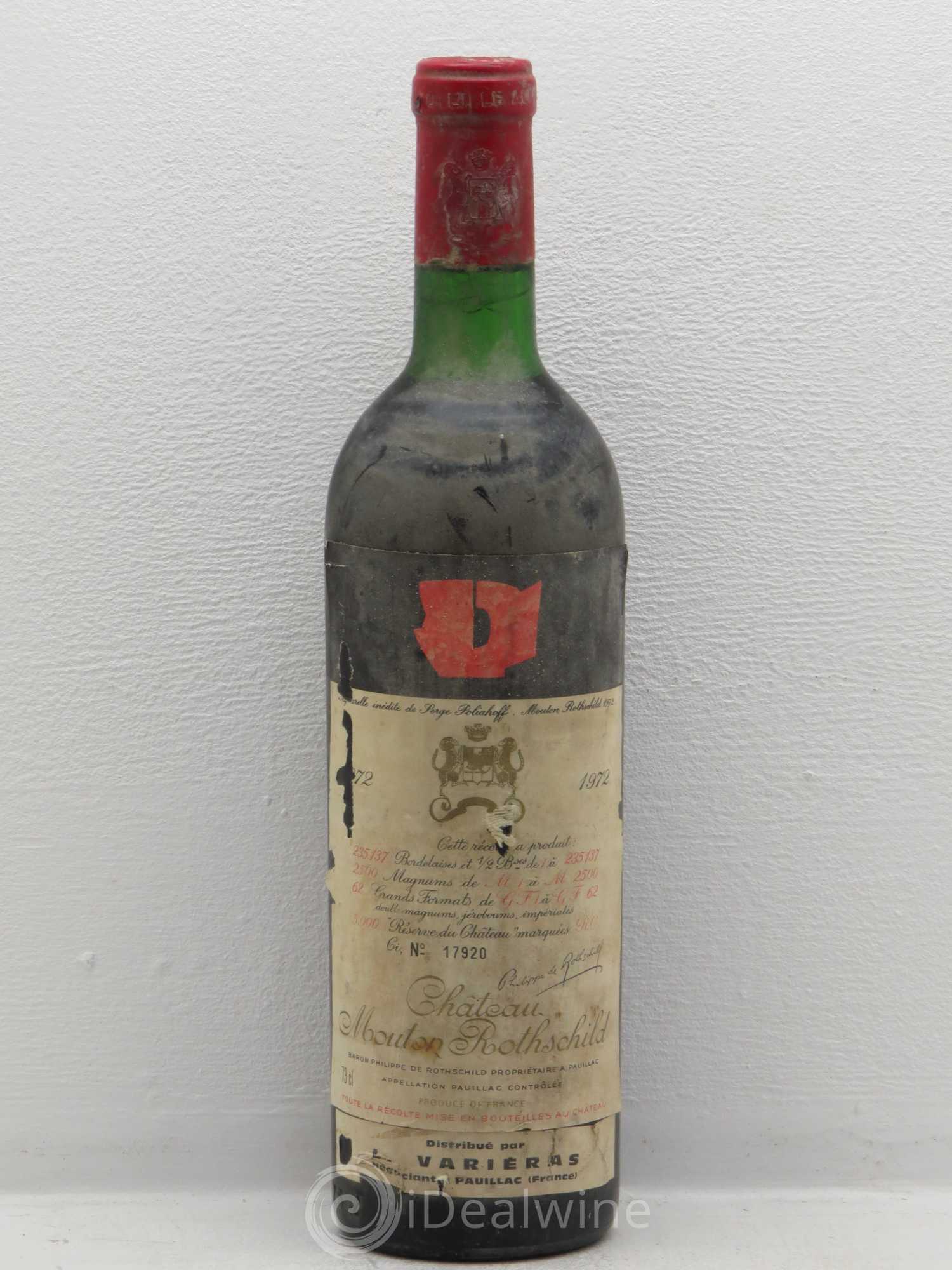 Château Mouton Rothschild 1er Grand Cru Classé Distribué par Variéras 1972 - Lot de 1 bouteille - 0
