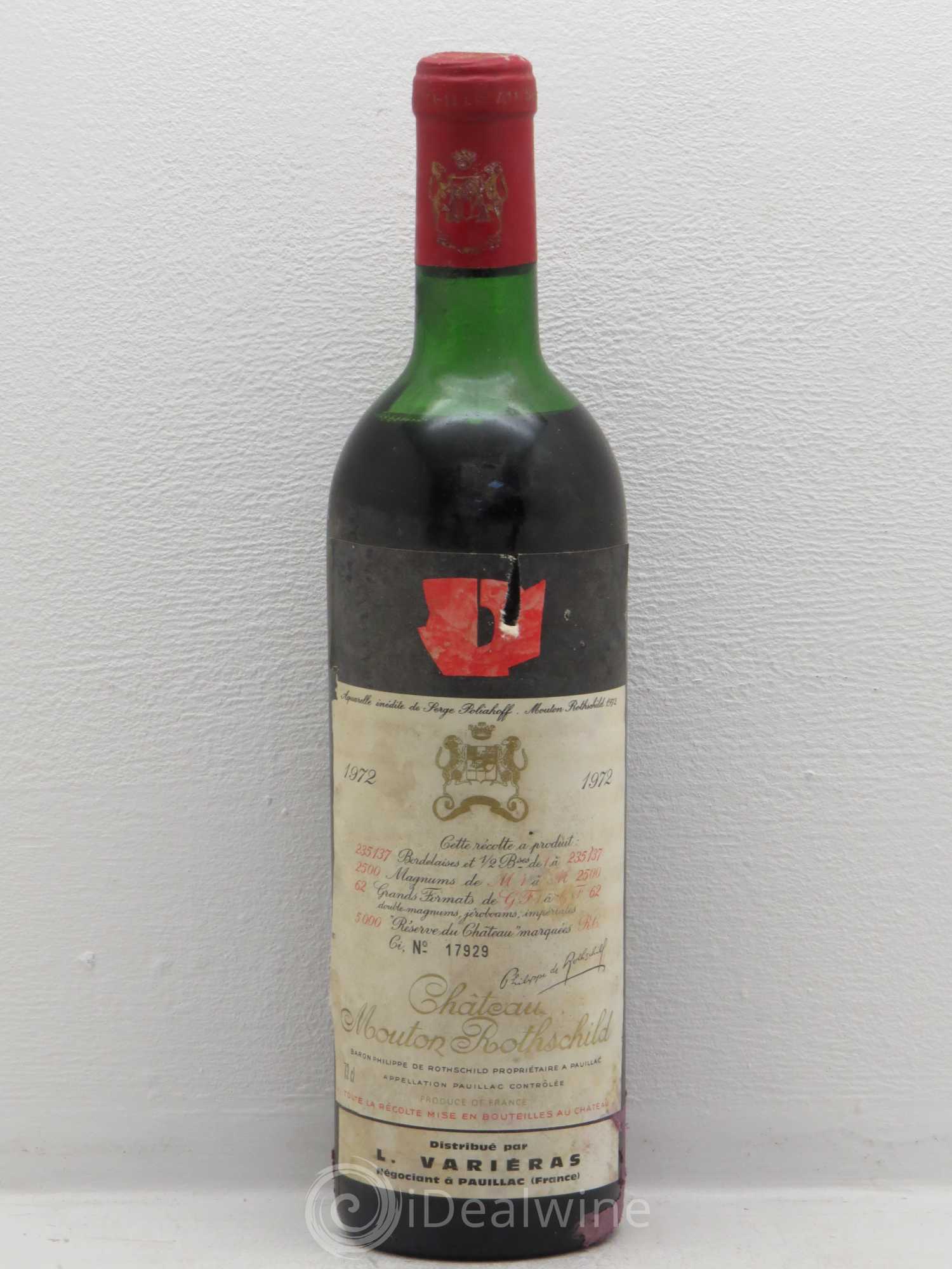 Château Mouton Rothschild 1er Grand Cru Classé Distribué par Variéras 1972 - Lot de 1 bouteille - 0