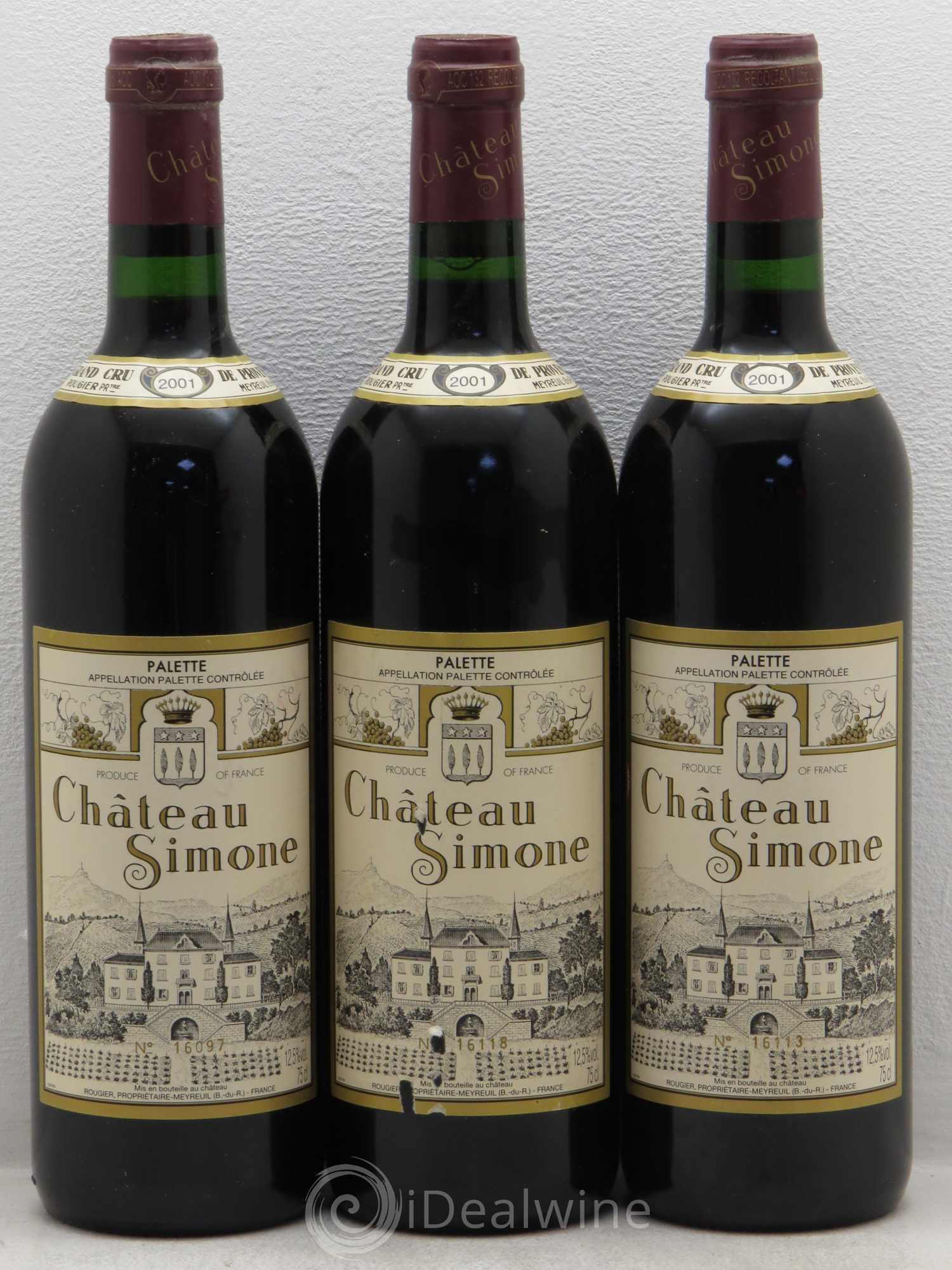 Palette Château Simone Famille Rougier 2001 - Posten von 3 Flaschen - 0