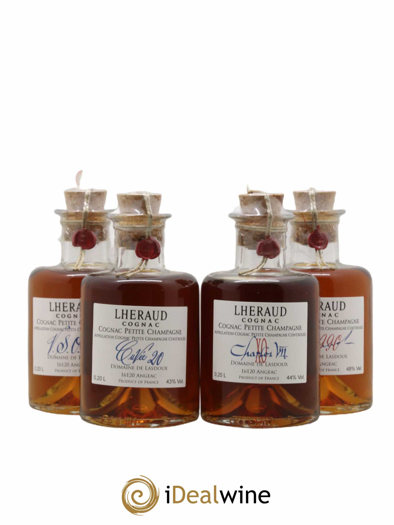 Cognac Assortiment Lheraud - VSOP - Cuvée 20 - Cuvée Charles VII XO - Cuvée 1990 - Lot de 4 flacons - 0