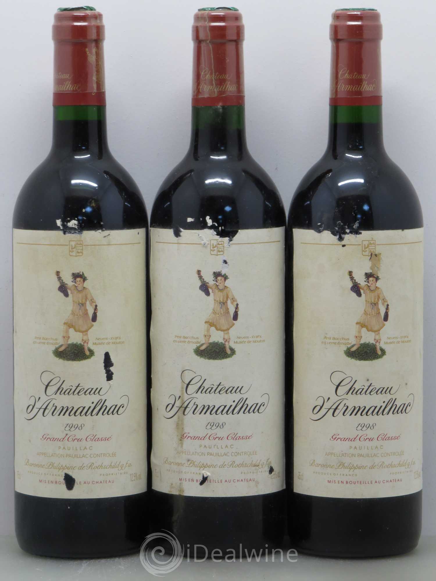 Château d' Armailhac - Mouton Baron(ne) Philippe 5ème Grand Cru Classé 1998 - Lot de 3 bouteilles - 0