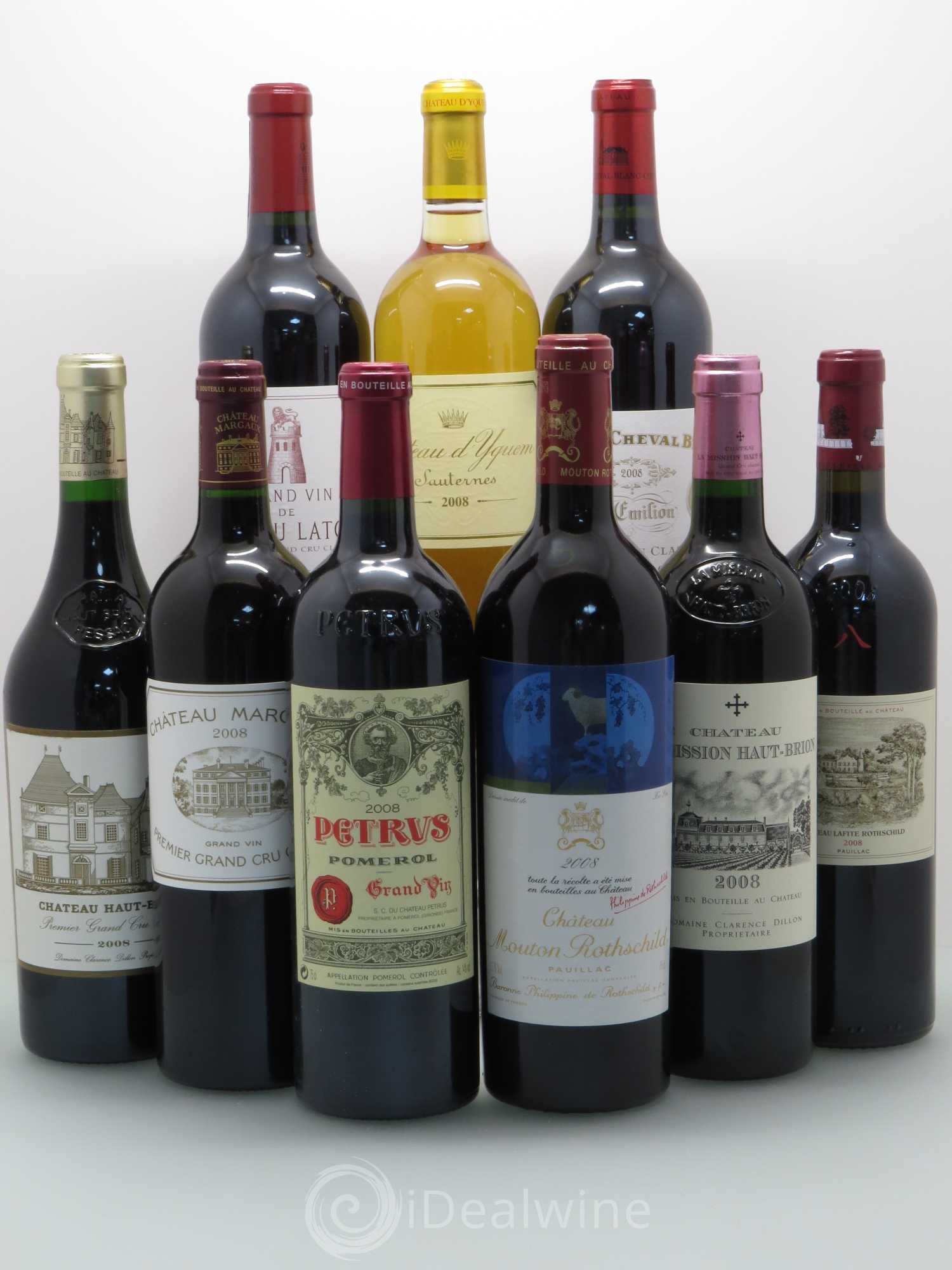 Caisse Collection Duclot 2008 (Cheval Blanc, Haut Brion, Margaux, Latour, Mouton Rothschild, Lafite Rothschild, Mission Haut Brion, Yquem, Petrus) 2008 - Posten von 1 Flasche - 0