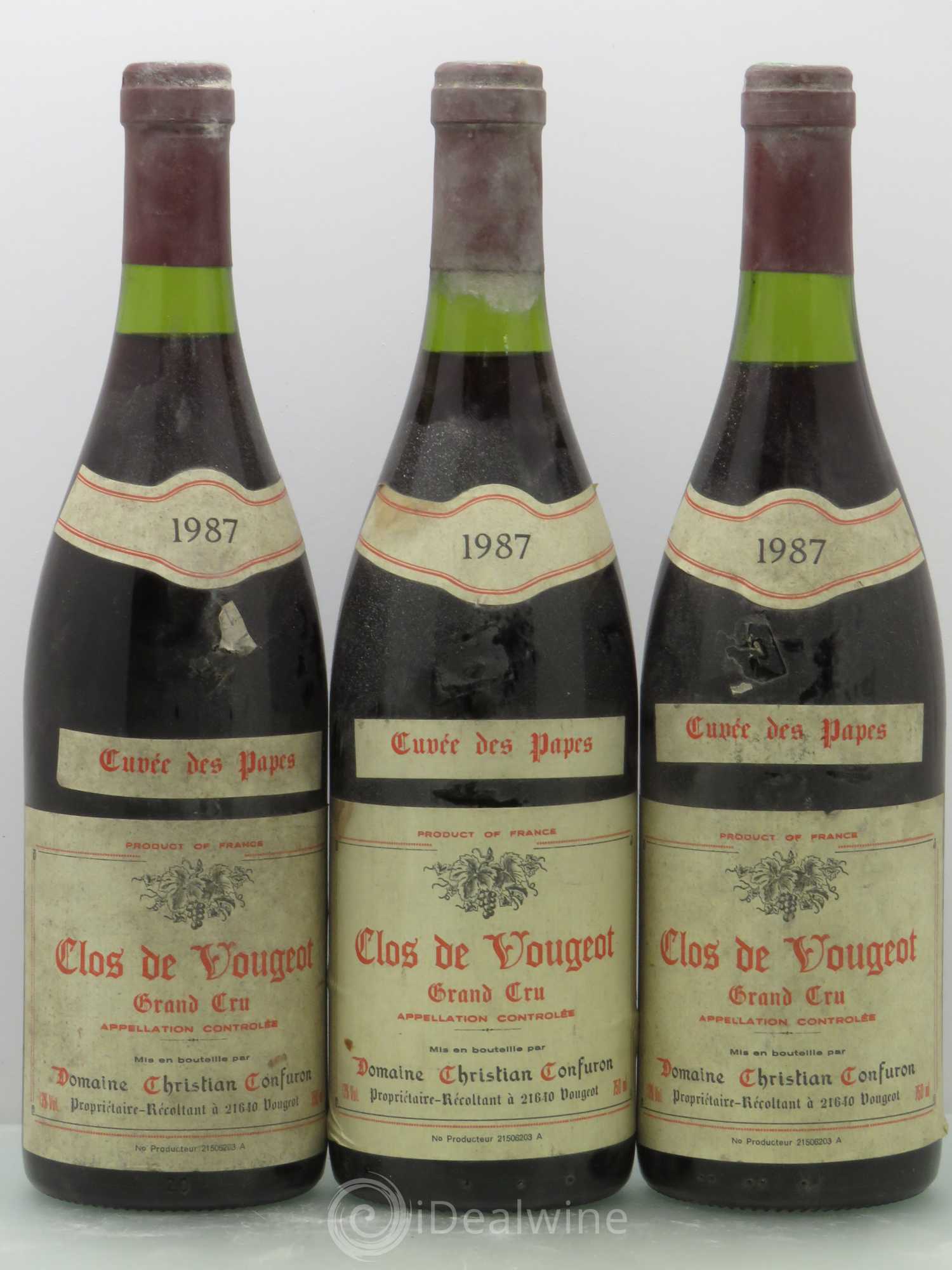 Clos de Vougeot Grand Cru Christian Confuron Cuvée des papes 1987 - Lot de 3 bouteilles - 0