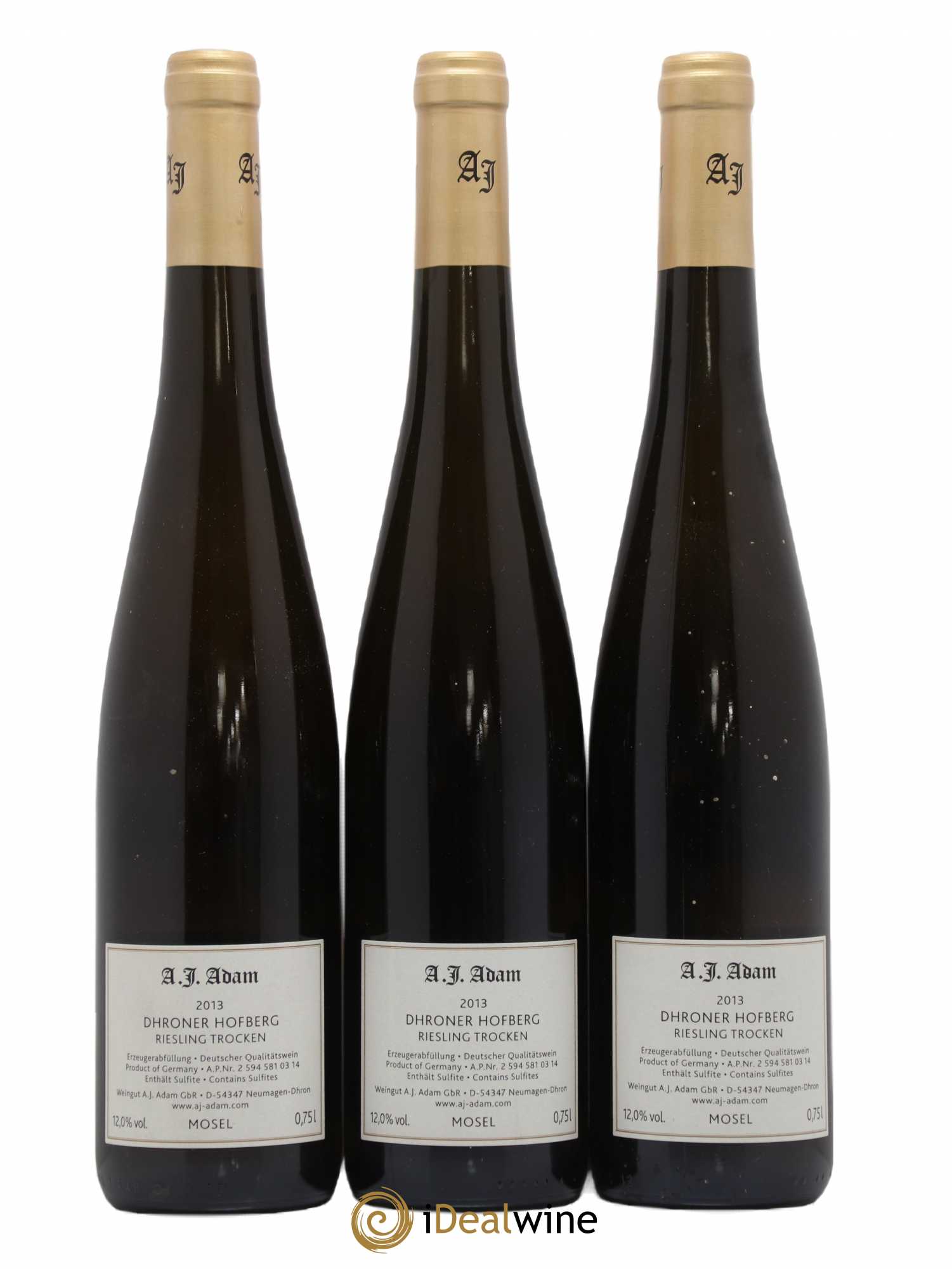 Allemagne Mosel-Saar Riesling Dhroner Hofberg Trocken Ap 03 14 Weingut A.J. Adam 2013 - Posten von 3 Flaschen - 1