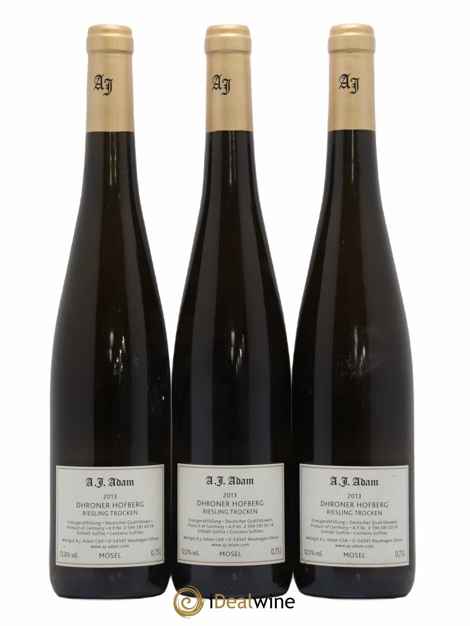 Allemagne Mosel-Saar Riesling Dhroner Hofberg Trocken Ap 03 14 Weingut A.J. Adam 2013 - Lotto di 3 bottiglie - 1