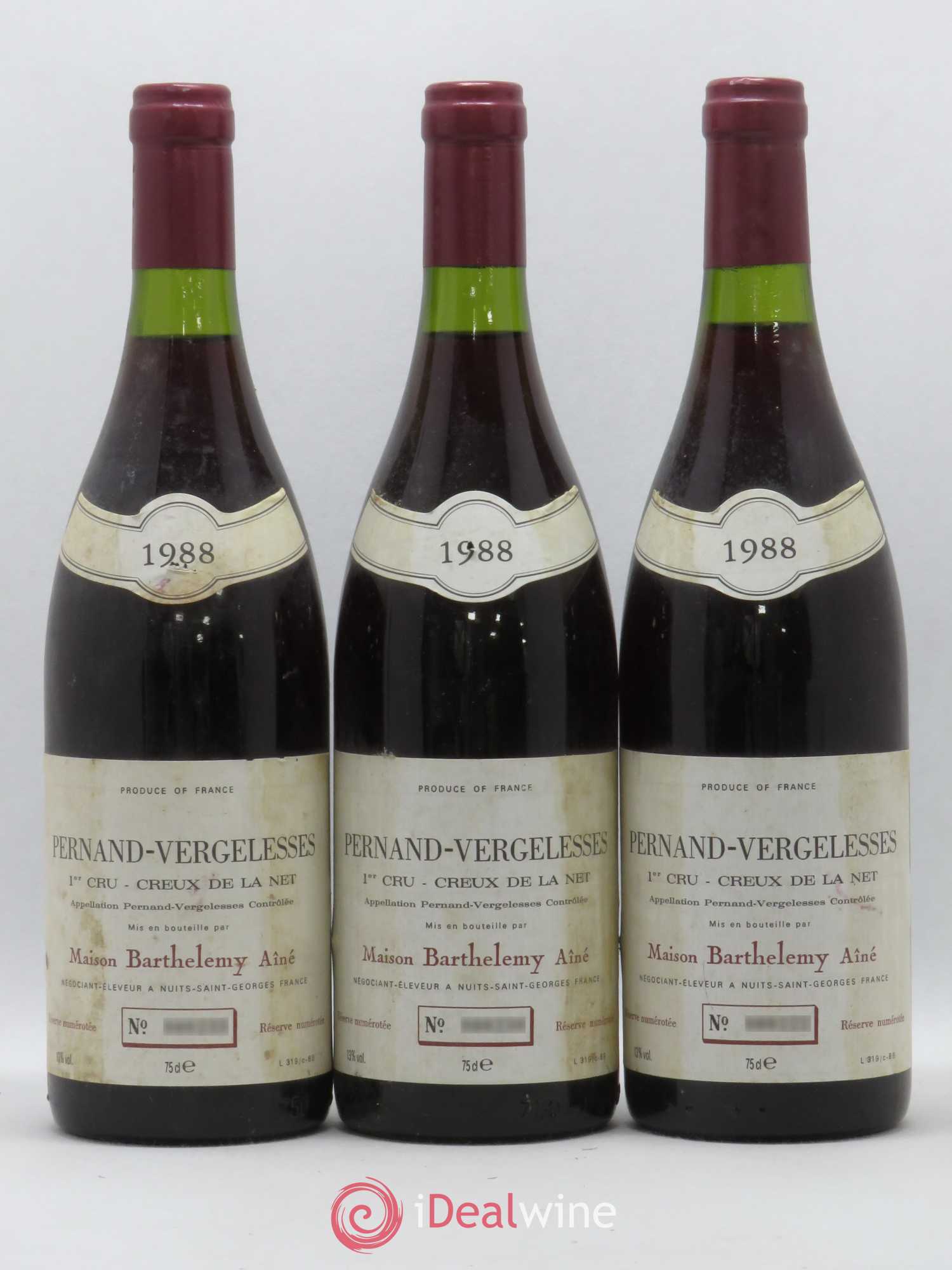 Pernand-Vergelesses 1er Cru Creux de La Net Maison Barthelemy Ainé 1988 - Posten von 3 Flaschen - 0
