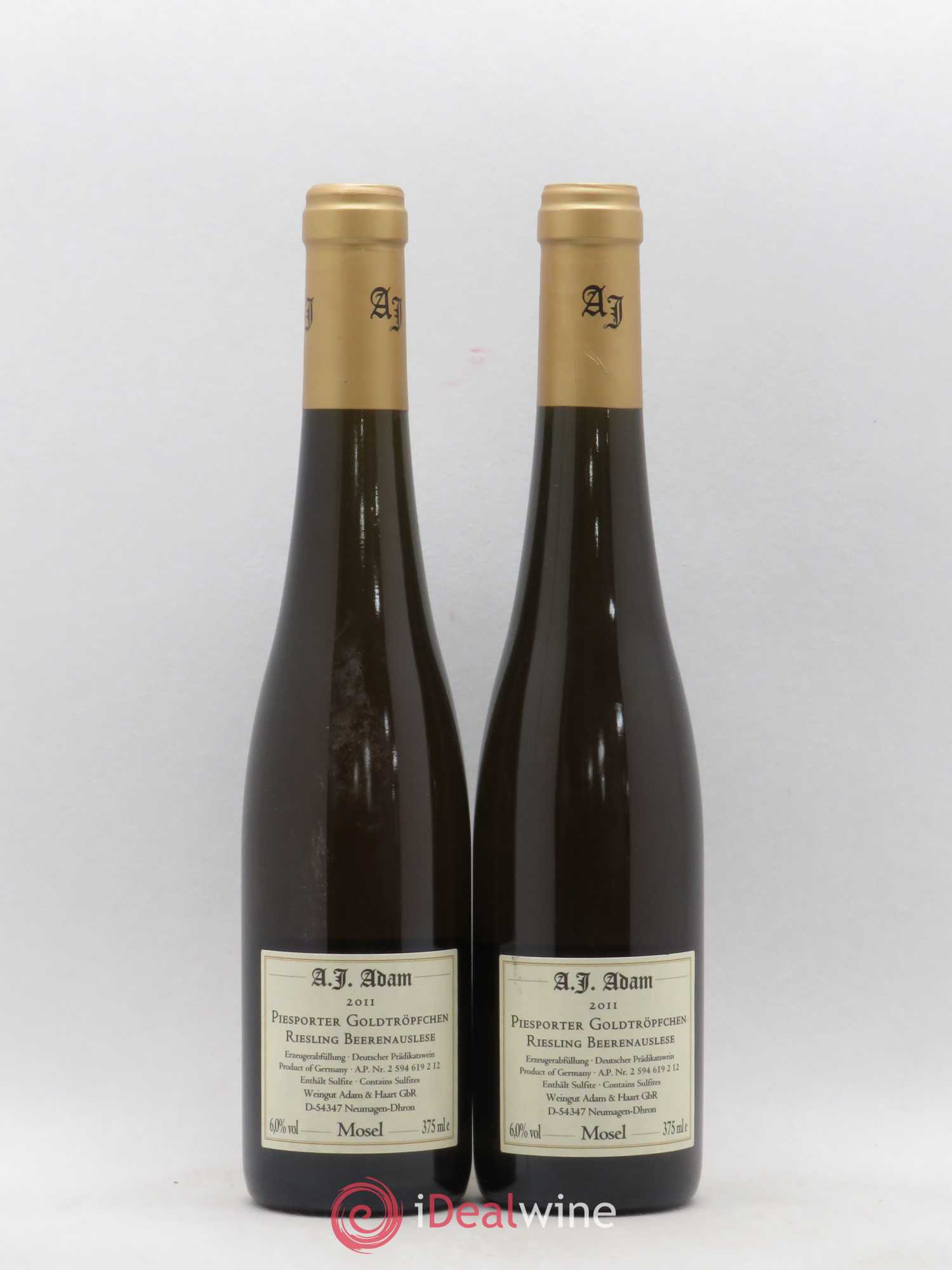 Riesling Piesporter Goldtröpfchen Beerenauslese Weingut A. J. Adam (sans prix de réserve) 2011 - Posten von 2 Demi-Flaschen - 1