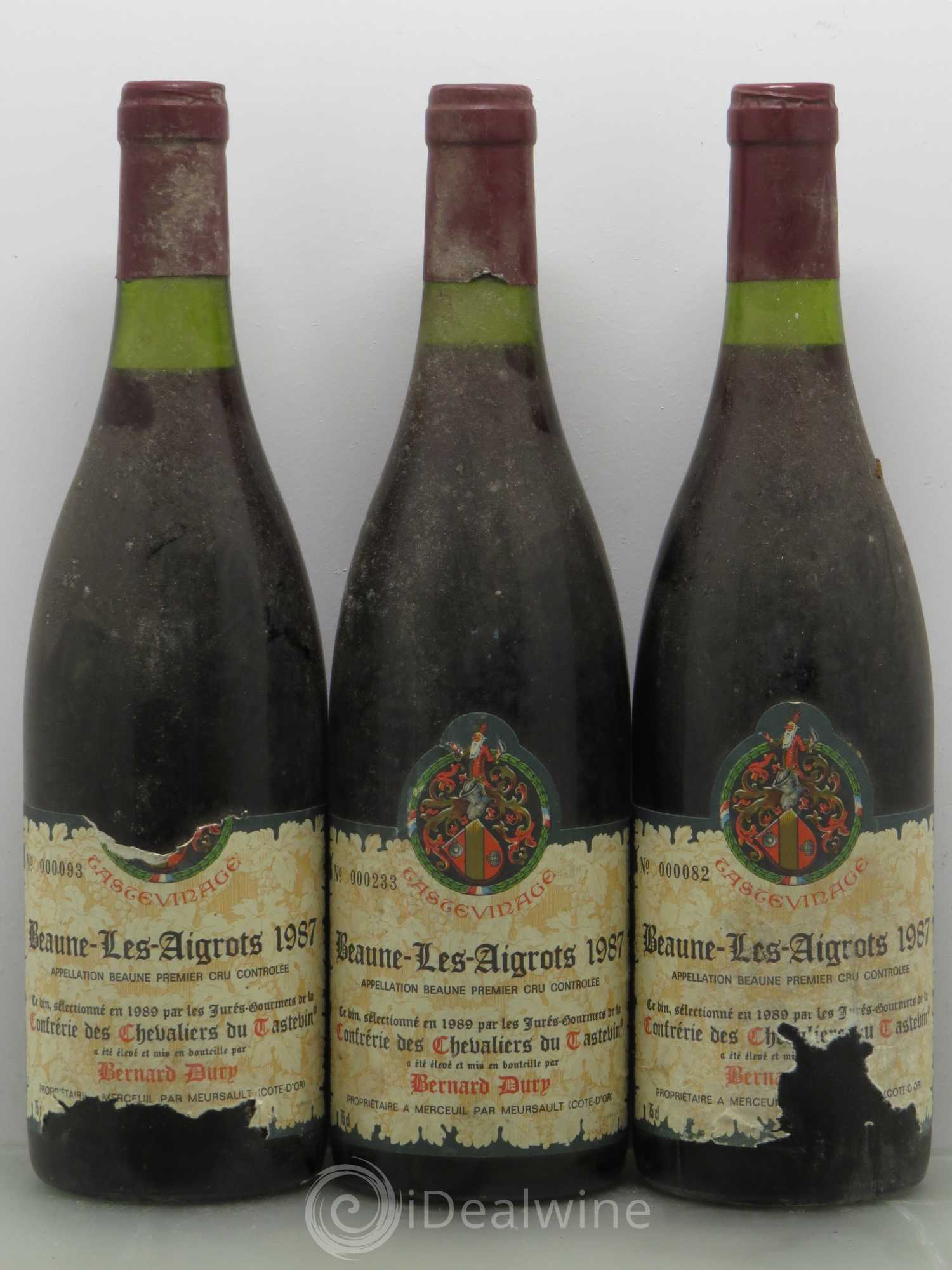 Beaune 1er Cru Les Aigrots - Bernard Dury Merceuil Tastevinage 1987 - Posten von 3 Flaschen - 0