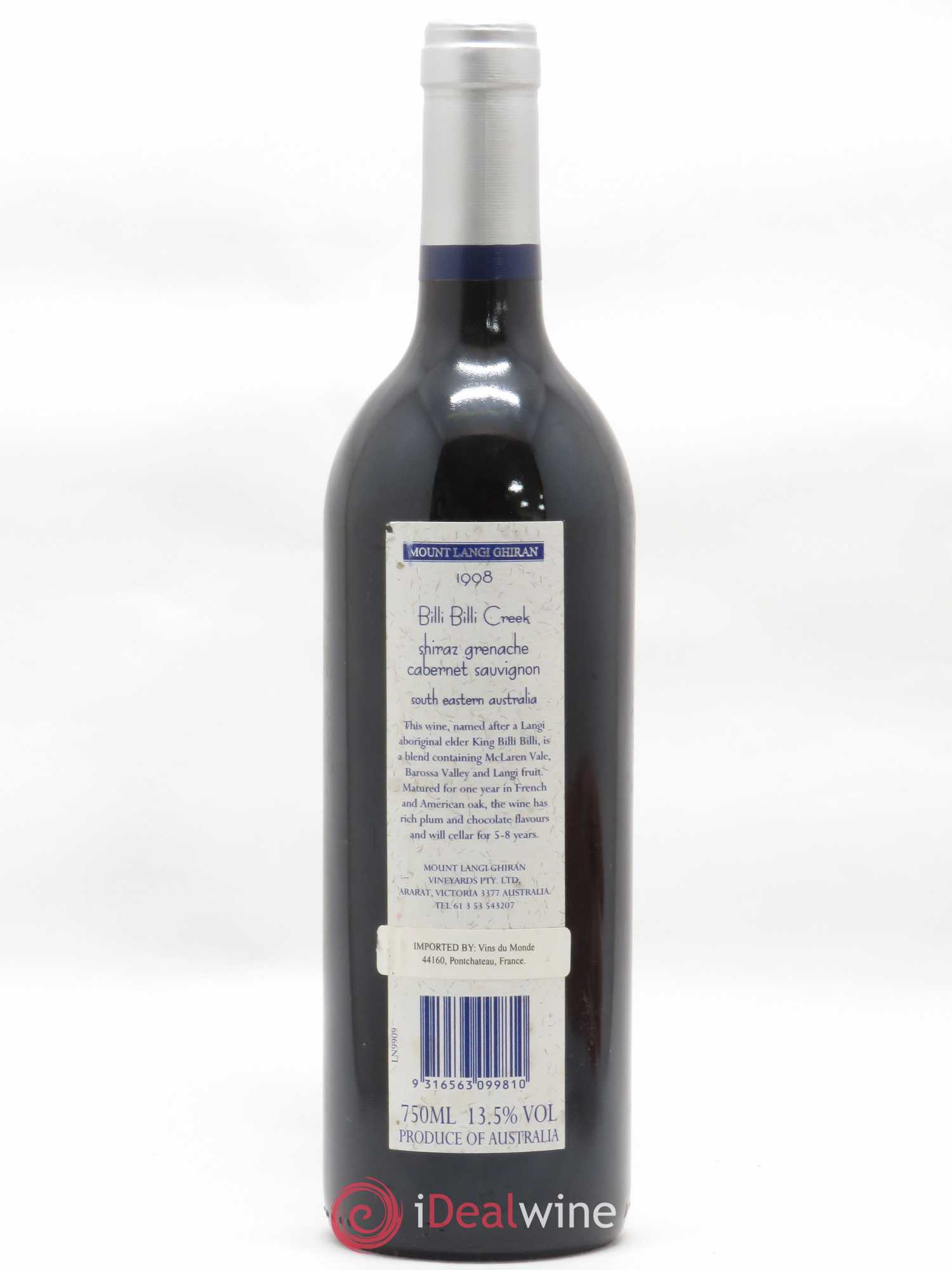 Australie Mount Langi Ghiran Billi Billi Creek 1998 - Posten von 1 Flasche - 1