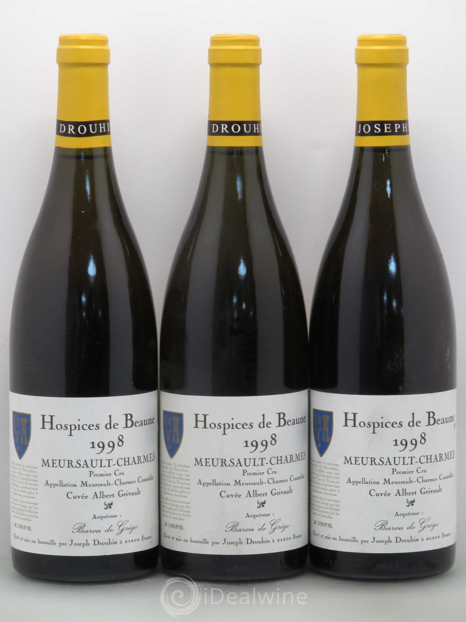Meursault 1er Cru Charmes Hospices de Beaune cuvée Albert Grivault - J.Drouhin 1998 - Posten von 3 Flaschen - 0