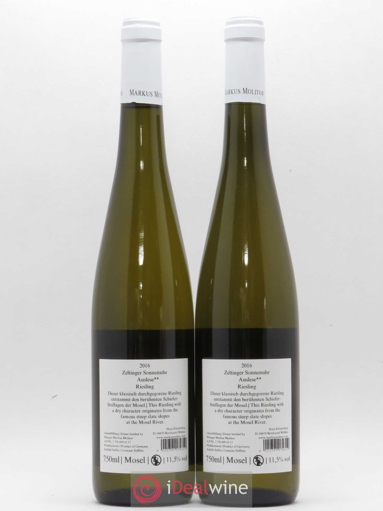 Allemagne Mosel-Saar Markus Molitor Riesling Auslese Zeltinger Sonnenuhr 2016 - Posten von 2 Flaschen - 1