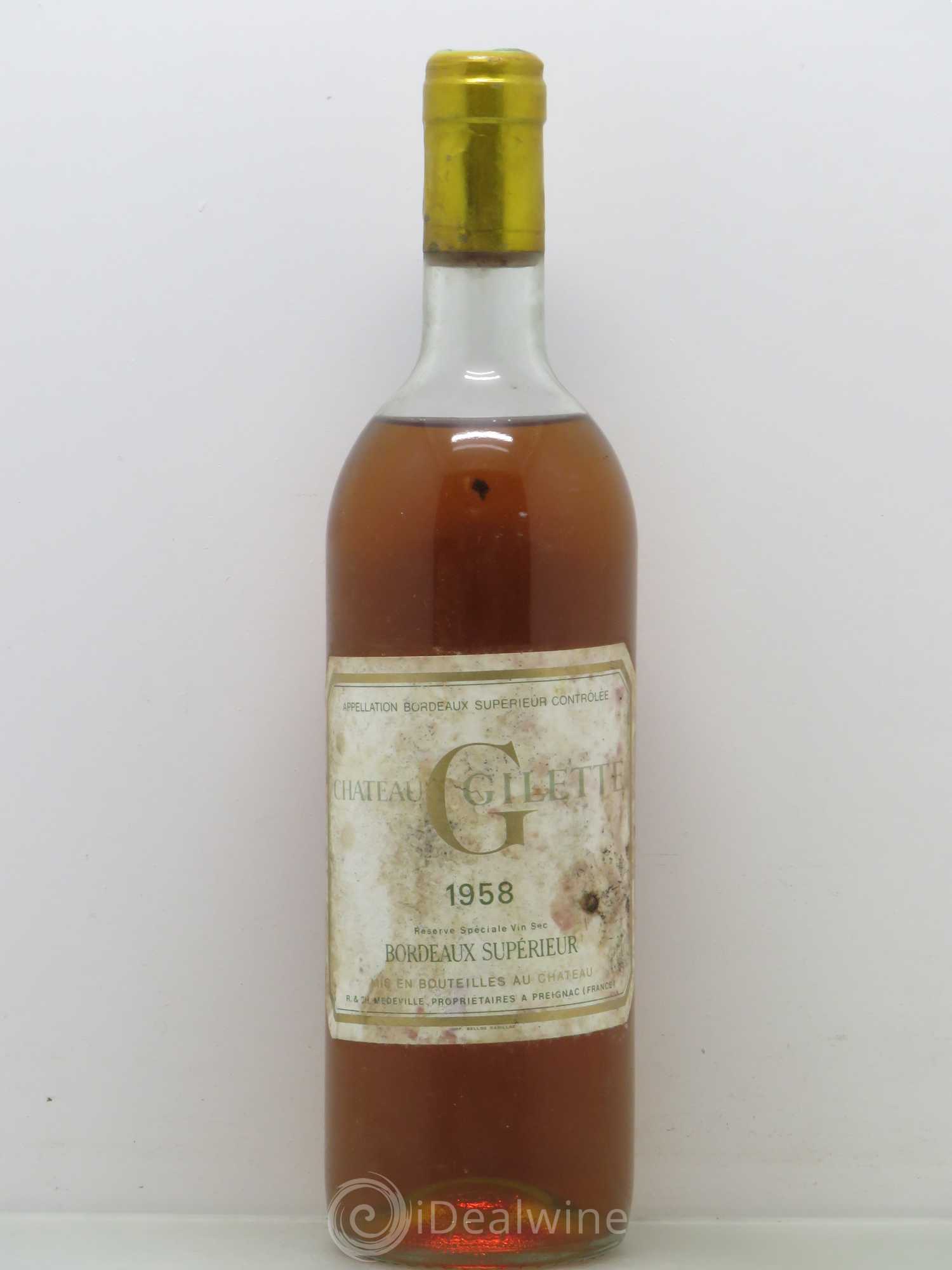 Bordeaux G de Gilette Bordeaux supérieur vin sec 1958 - Posten von 1 Flasche - 0