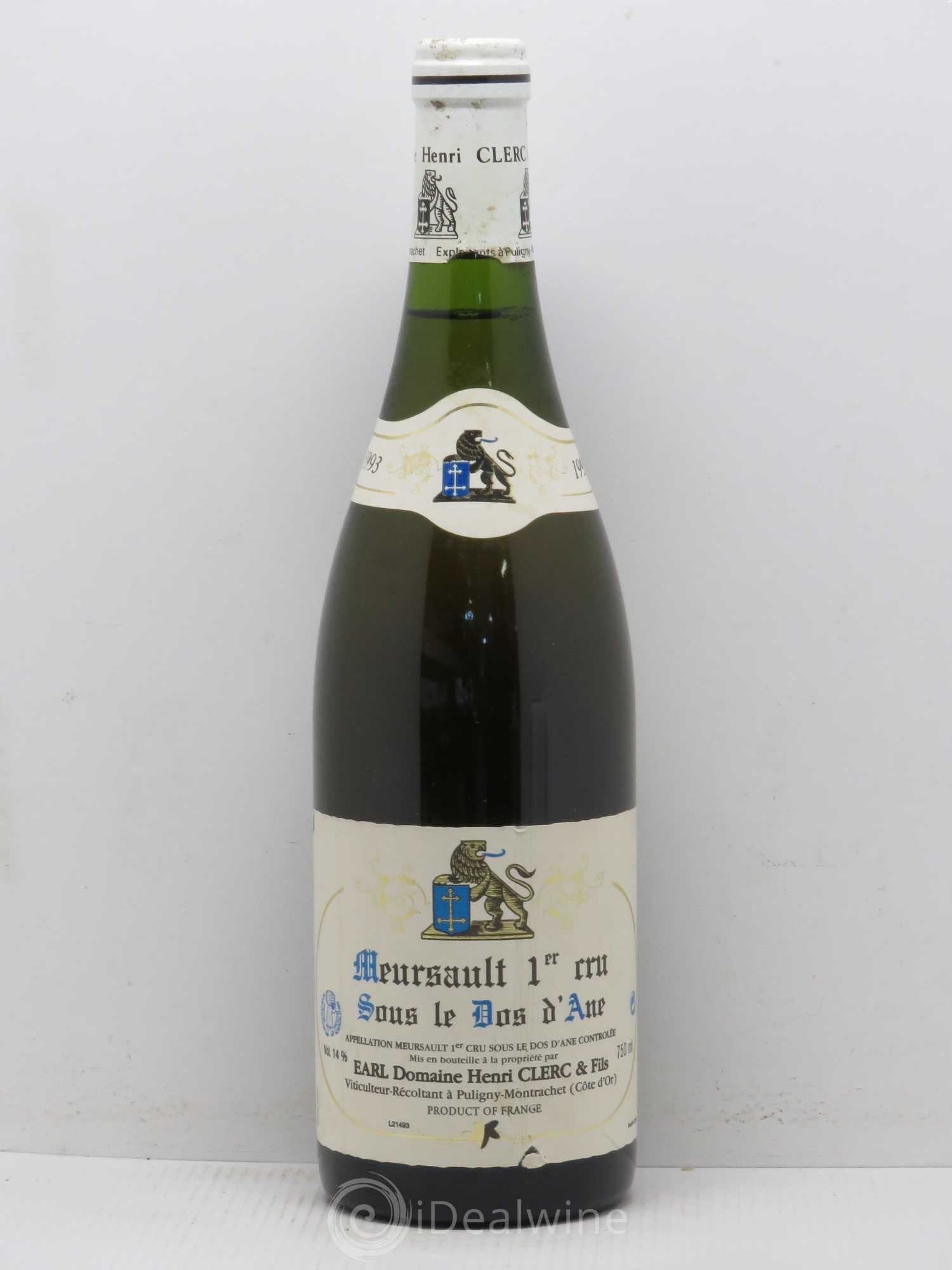 Meursault 1er Cru Sous le Dos d'Âne Henri Clerc 1993 - Posten von 1 Flasche - 0