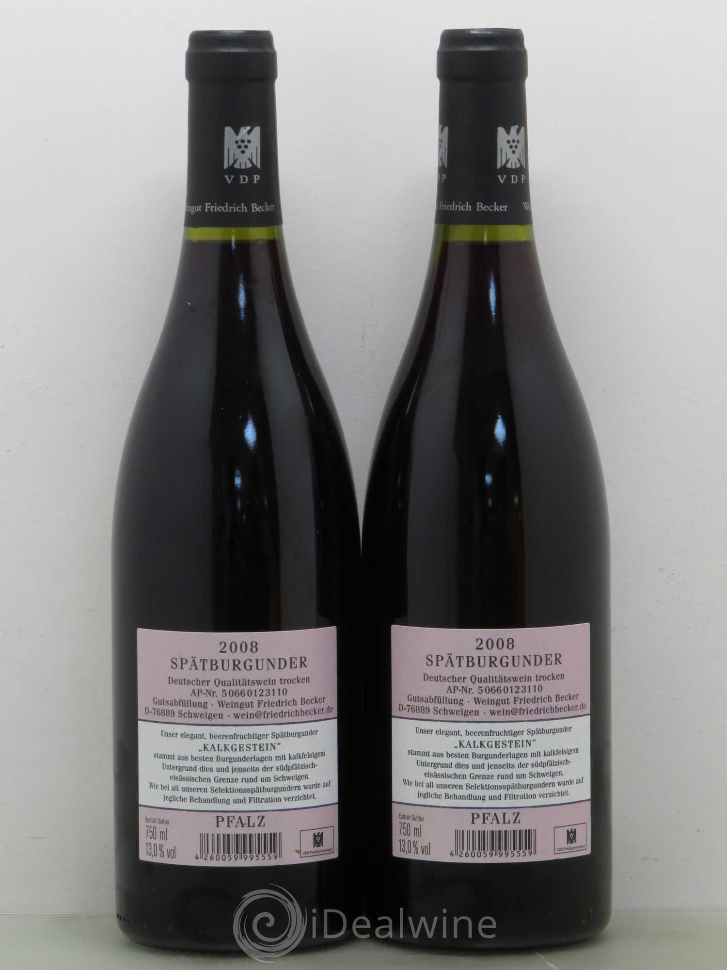 Allemagne Kalkgestein Spätburgunder Pfalz Friedrich Becker 2008 - Posten von 2 Flaschen - 1