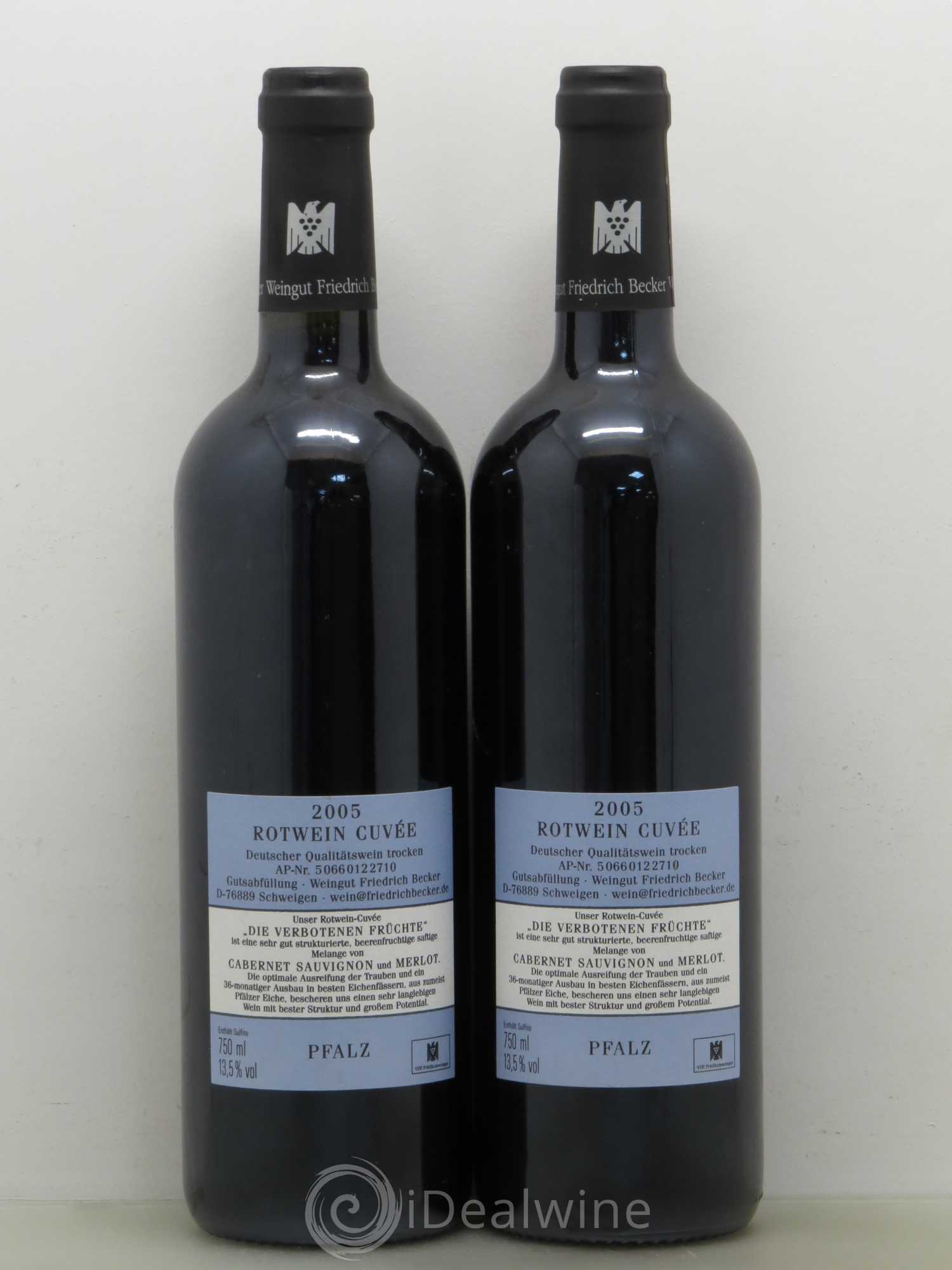 Allemagne Verbotenefruchte Cabernet Sauvignon Et merlot Pfalz Friedrich Becker Rotwein cuvée 2005 - Posten von 2 Flaschen - 1