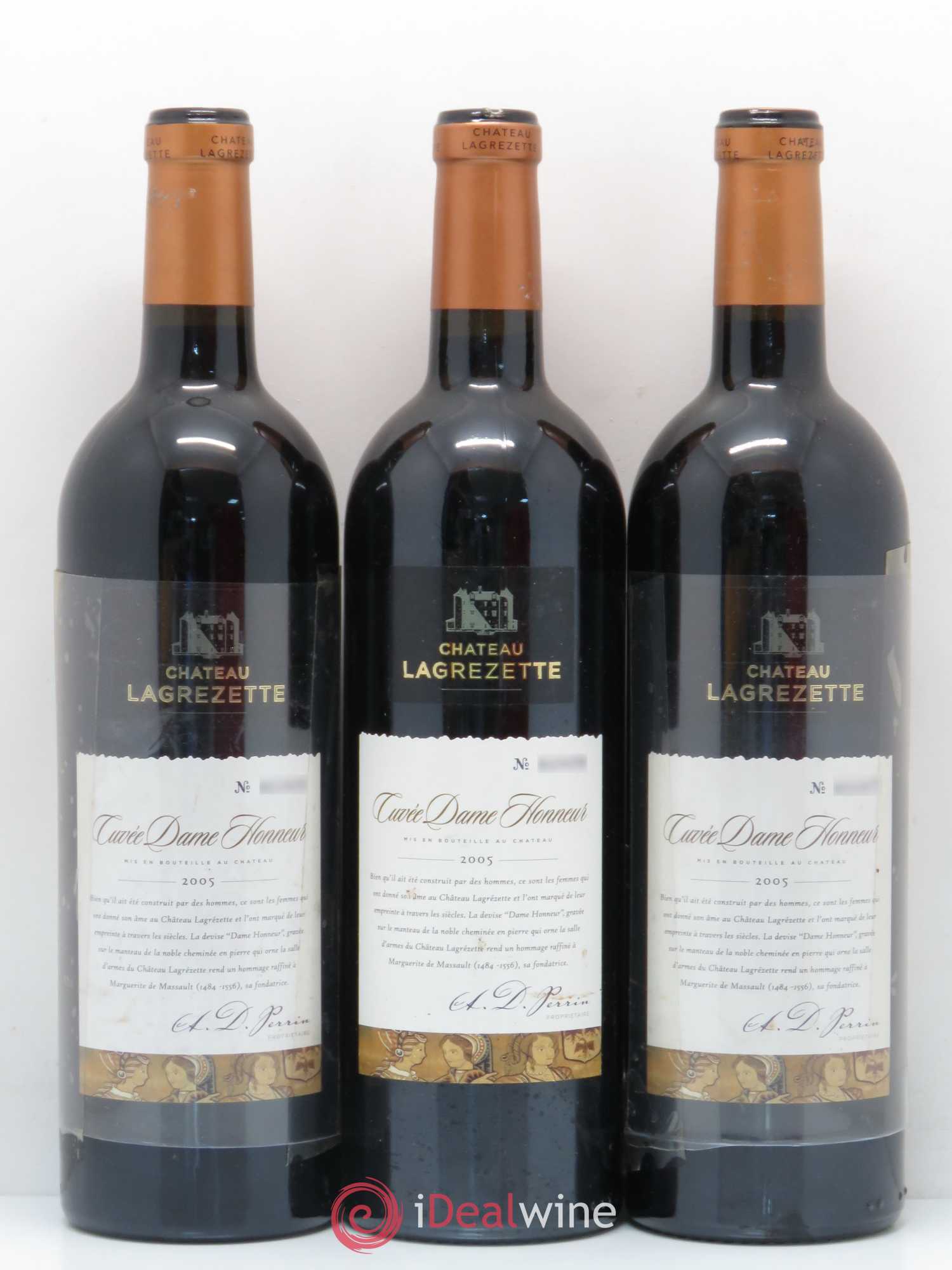 Cahors Château Lagrezette Alain Dominique Perrin Dame Honneur 2005 - Lot de 3 bouteilles - 0