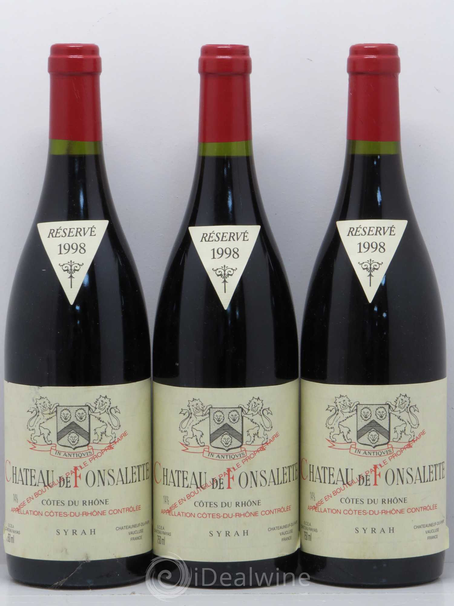 Côtes-du-Rhône Cuvée Syrah Château de Fonsalette 1998 - Lot de 3 bouteilles - 0