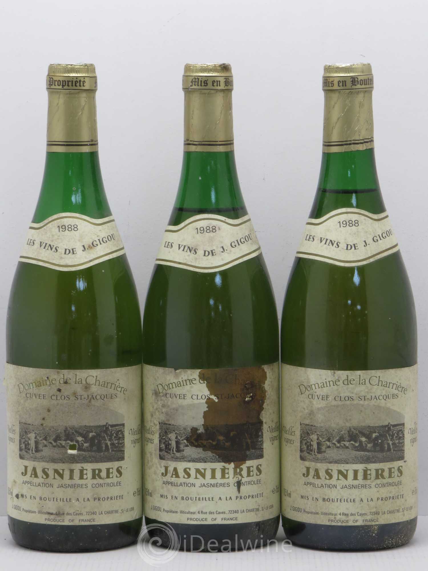 Jasnières Cuvee Clos St Jacques Vieilles Vignes J. Gigou (sans prix de réserve) 1988 - Posten von 3 Flaschen - 0