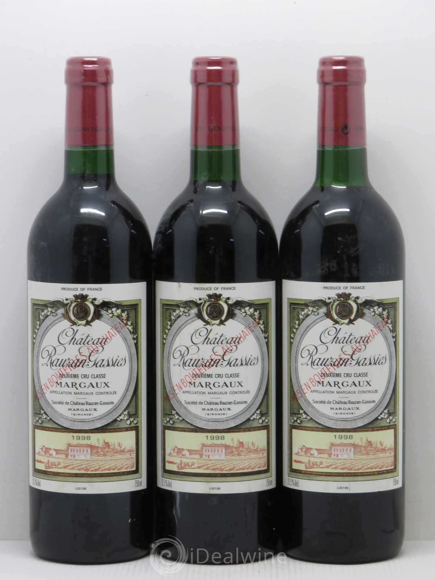 Château Rauzan-Gassies 2ème Grand Cru Classé 1998 - Lot de 3 bouteilles - 0