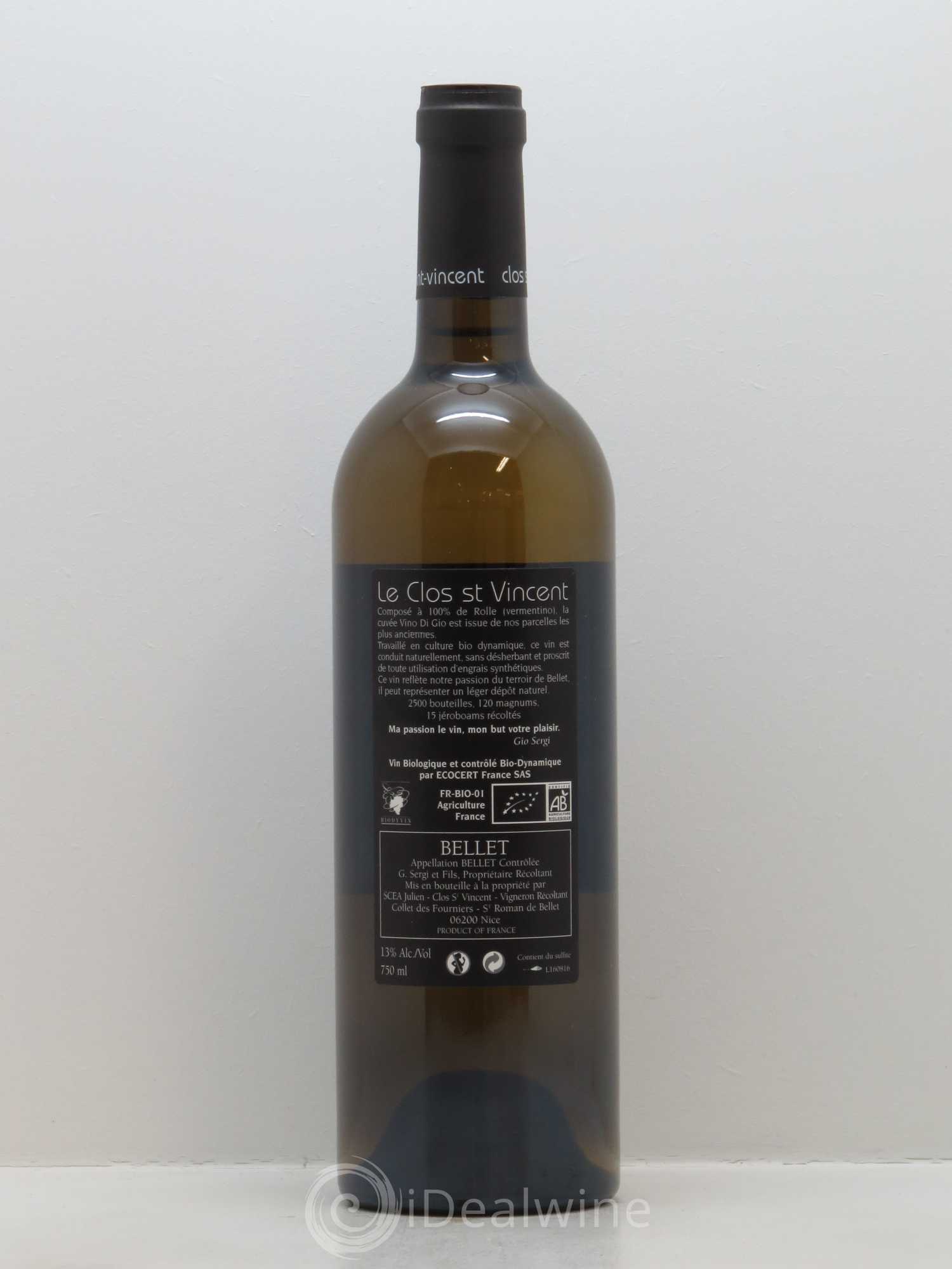 Bellet Clos Saint-Vincent Vino di Gio Famille Sicardi-Sergi 2015 - Lot de 1 bouteille - 1