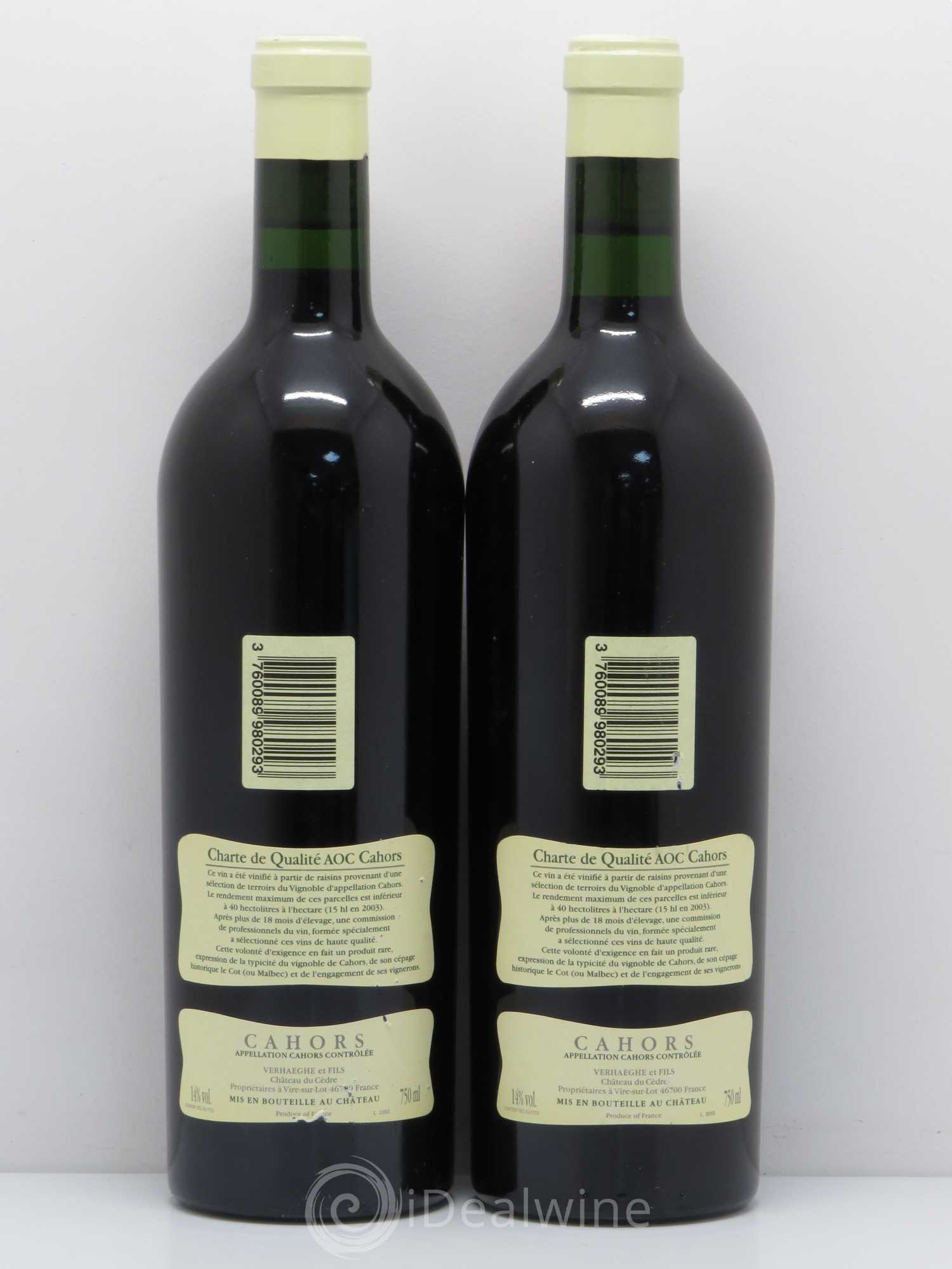 Cahors Château du Cèdre Cuvée Le Cèdre Pascal et Jean-Marc Verhaeghe 2003 - Lot de 2 bouteilles - 1