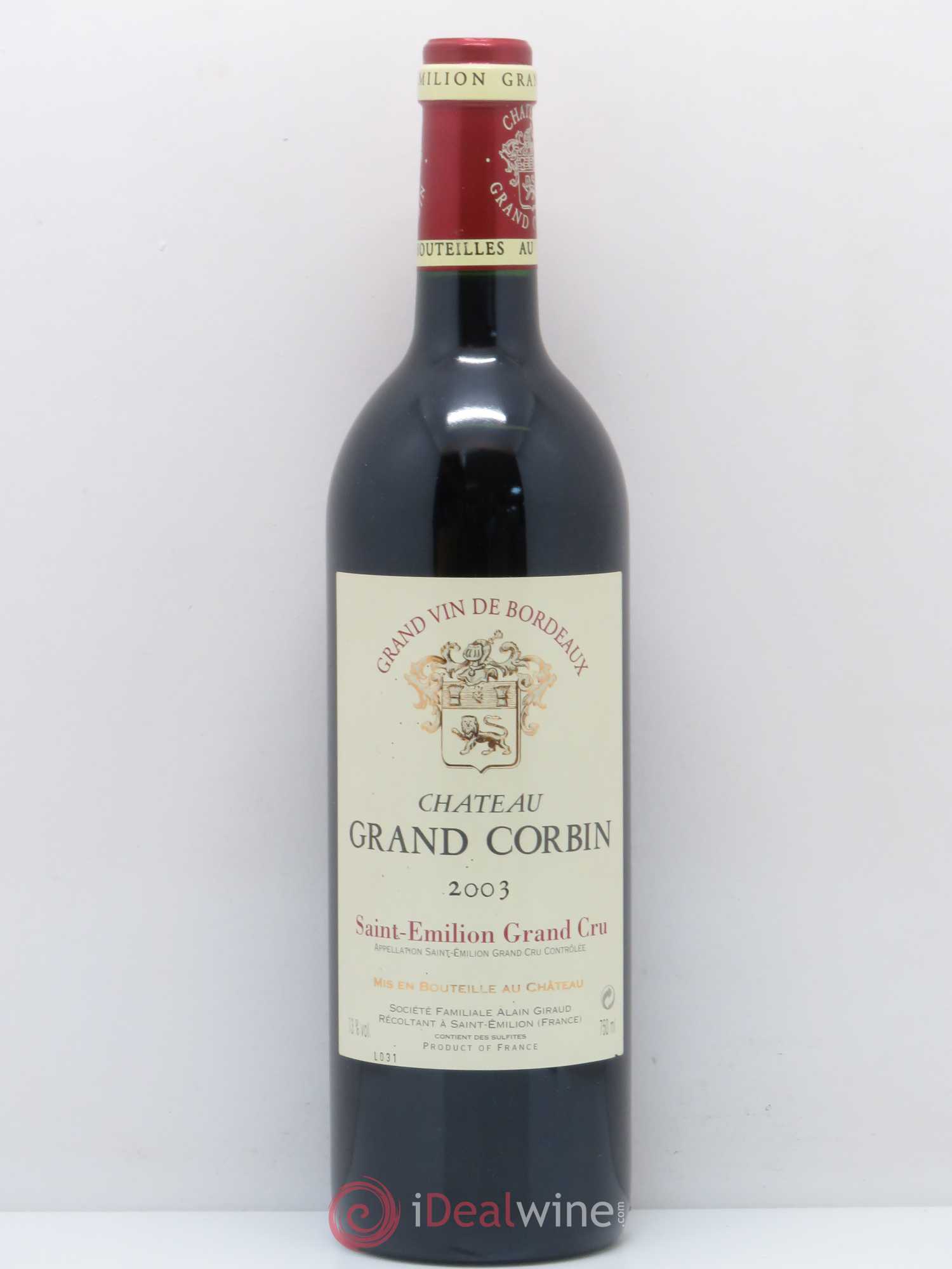 Château Grand Corbin Grand Cru Classé 2003 - Lot de 1 bouteille - 0