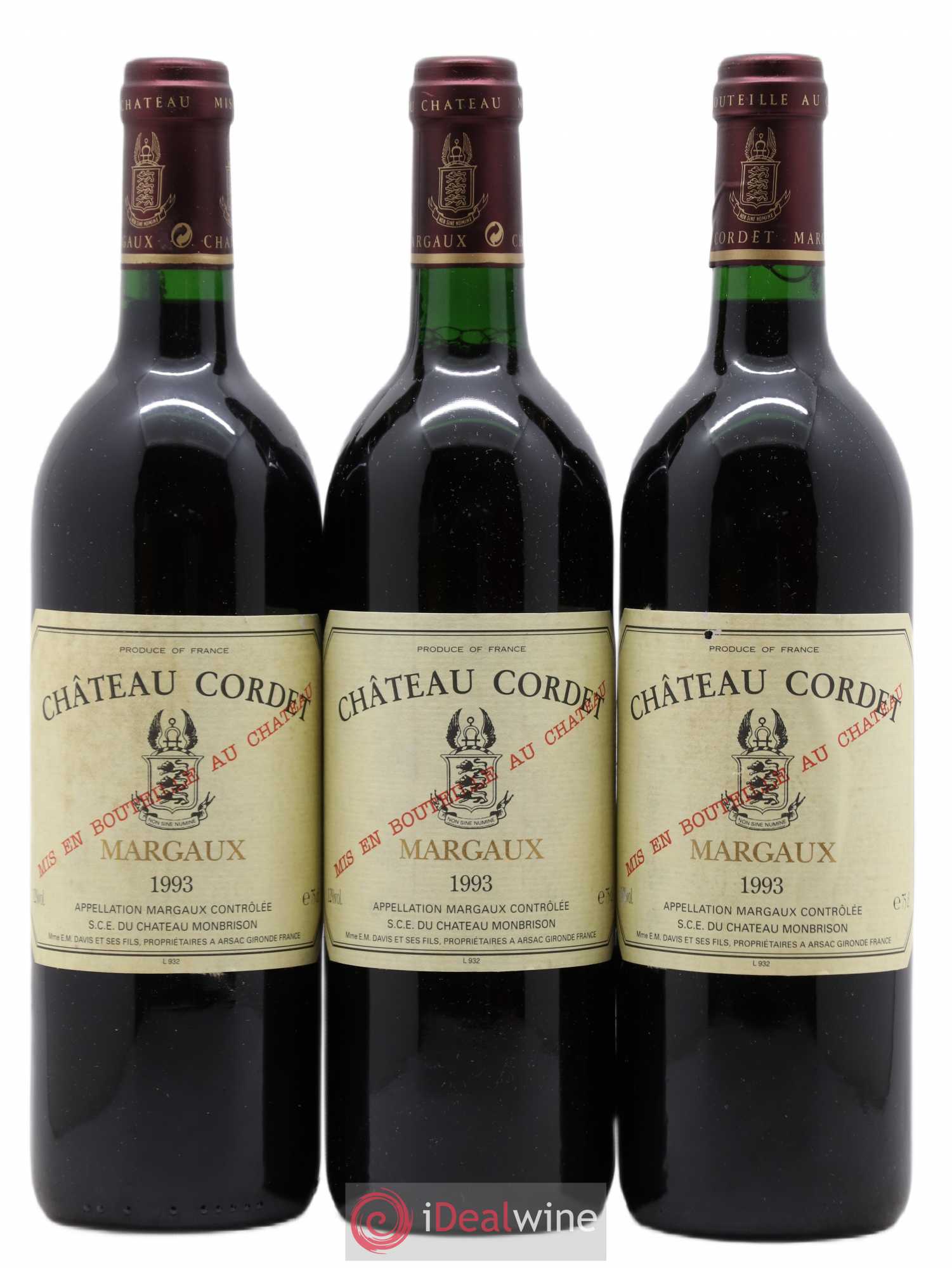 Bordeaux Margaux Château Cordet 1993 - Lot de 3 bouteilles - 0