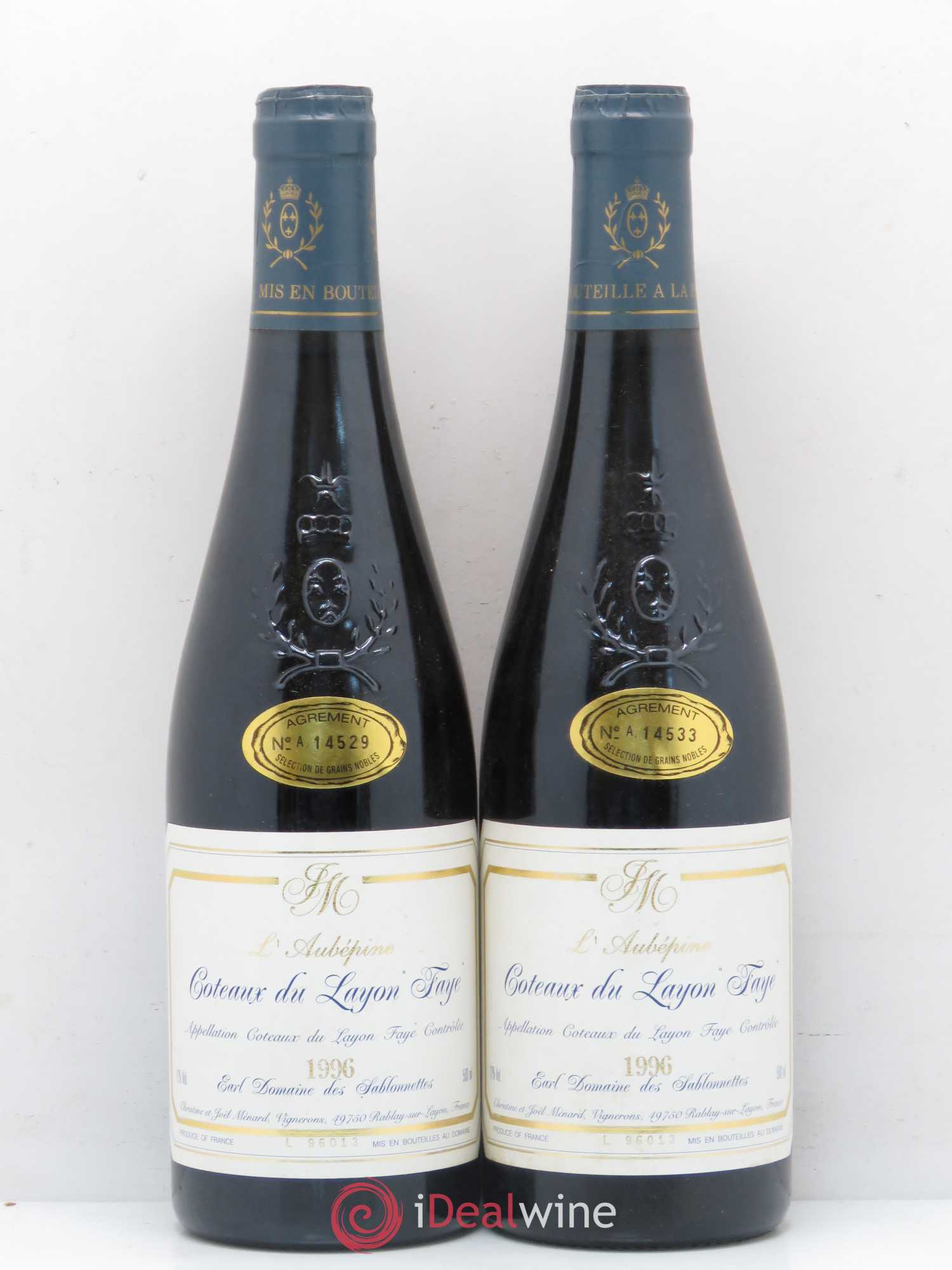 Coteaux du Layon Faye L'Aubépine Sélection de Grains Nobles Domaine des Sablonnettes 1996 - Lotto di 2 bottiglie - 0