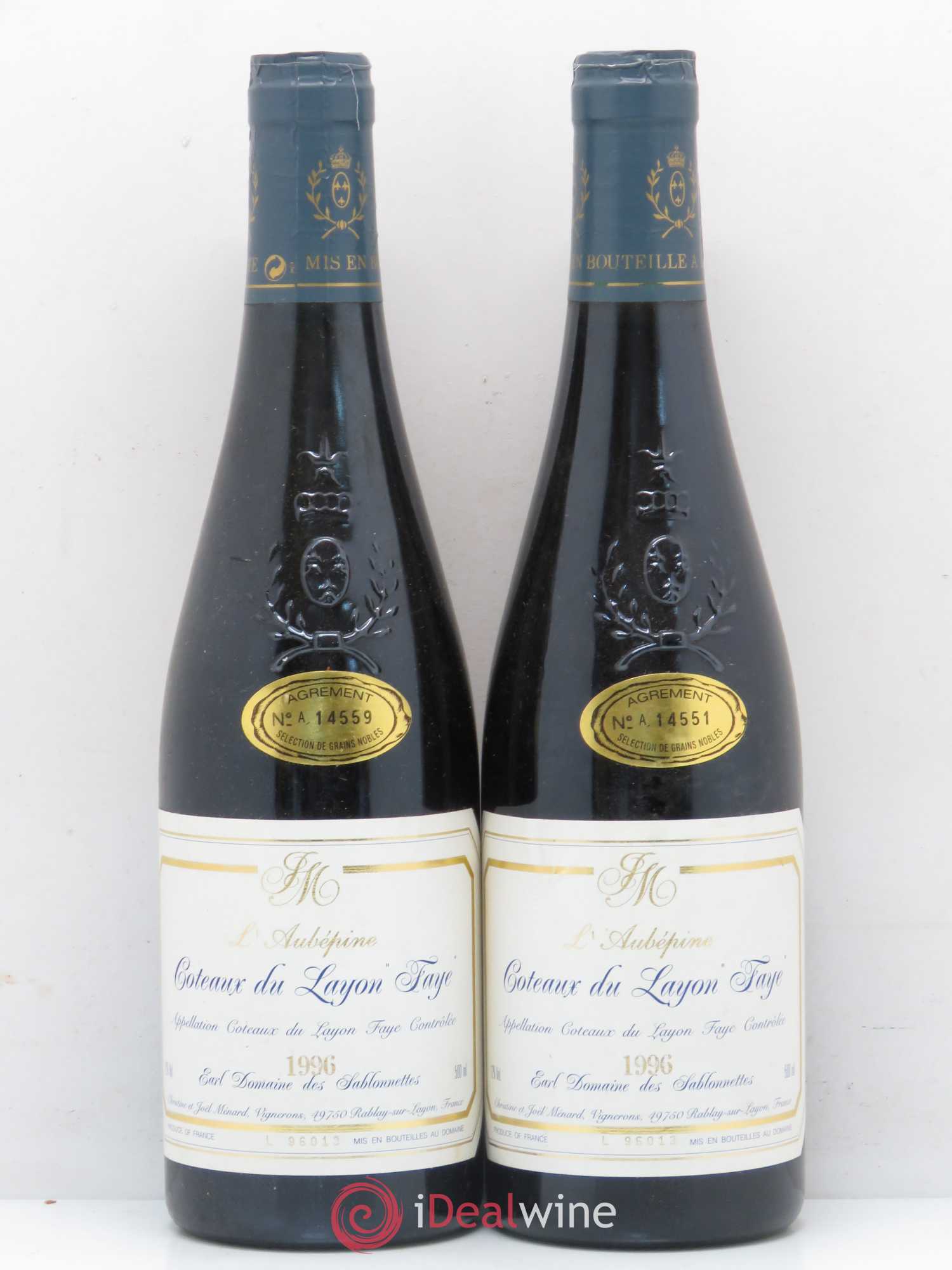 Coteaux du Layon Faye L'Aubépine Sélection de Grains Nobles Domaine des Sablonnettes (sans prix de réserve) 1996 - Lotto di 2 bottiglie - 0