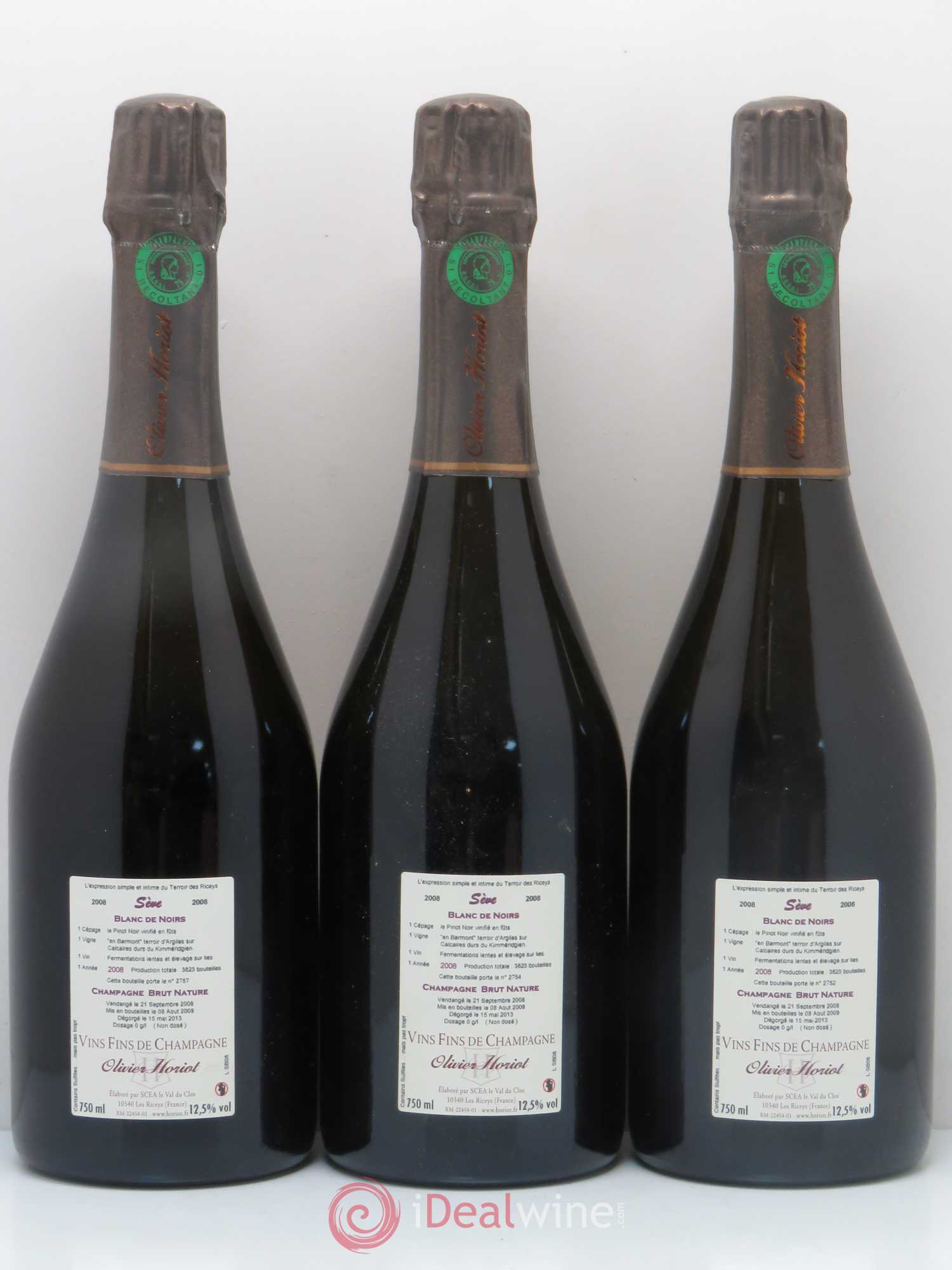 Blanc de Noirs Sève Brut Nature Olivier Horiot (sans prix de réserve) 2008 - Lot de 3 bouteilles - 1