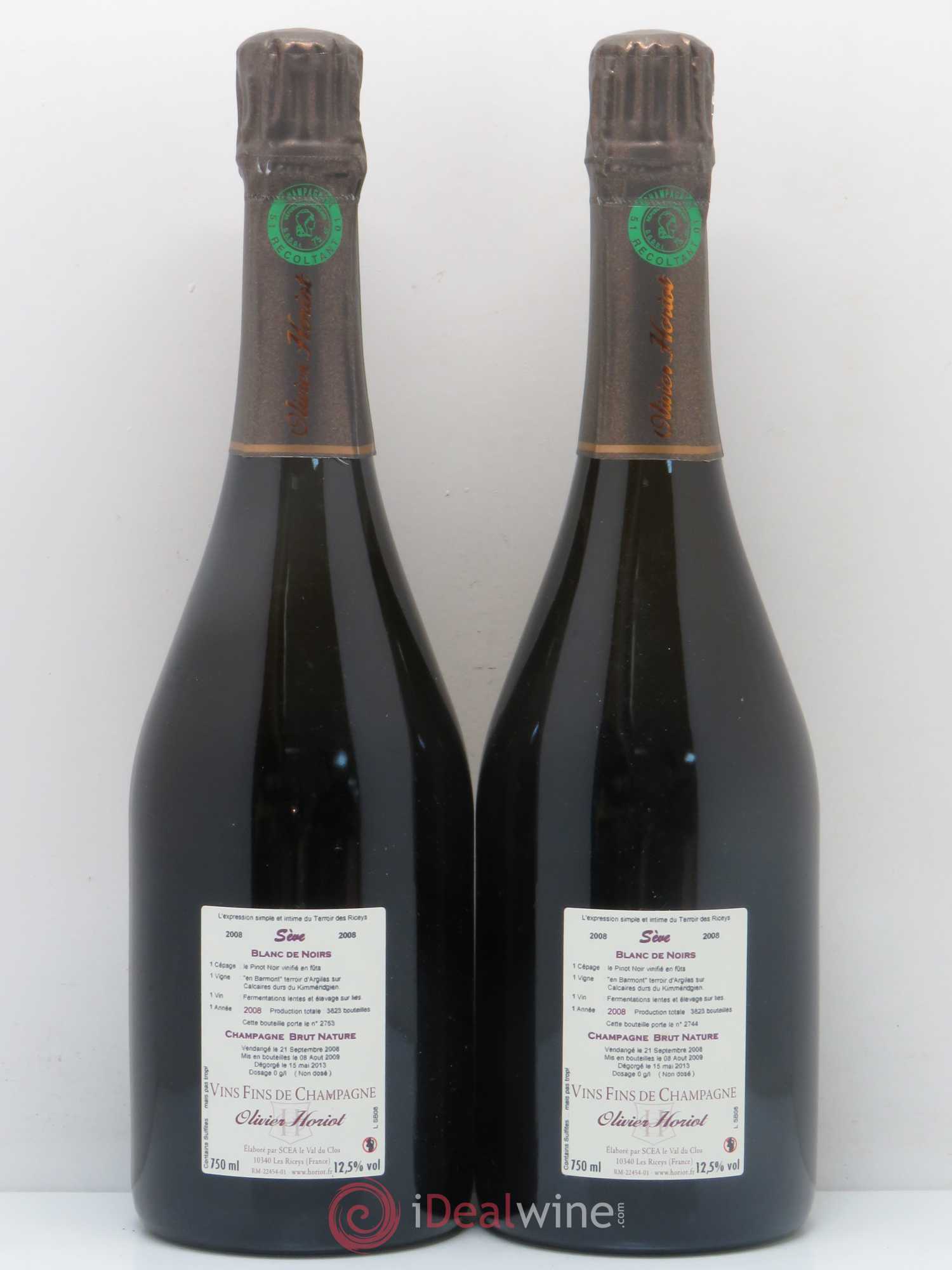 Blanc de Noirs Sève Brut Nature Olivier Horiot  (sans prix de réserve) 2008 - Lot de 2 bouteilles - 1