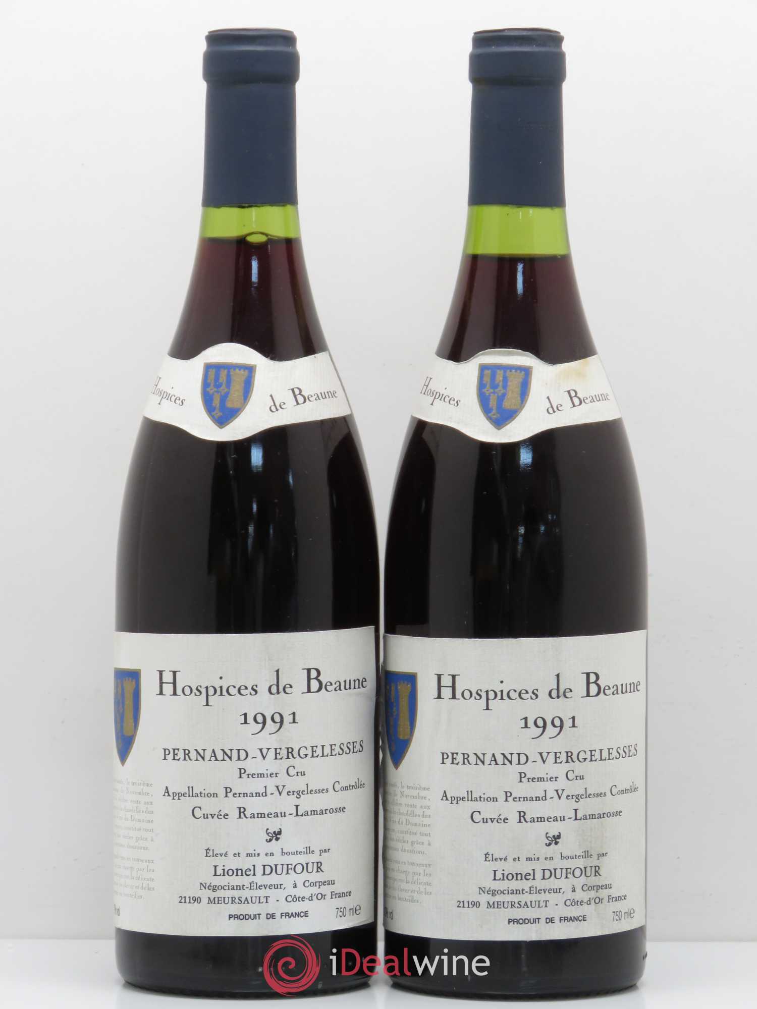 Pernand-Vergelesses 1er Cru Hospice de Beaune Rameau Lamarosse Lionel Dufour 1991 - Posten von 2 Flaschen - 0