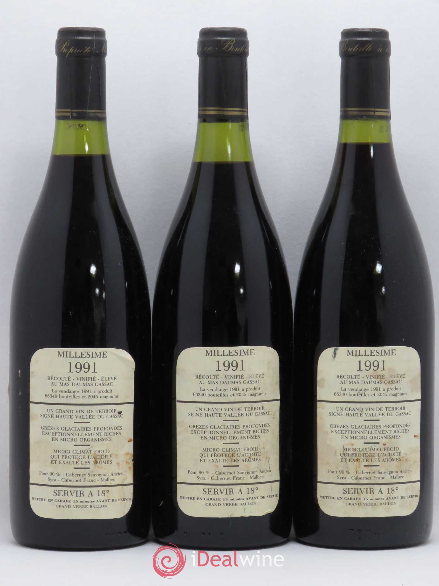 Saint-Guilhem-le-Désert - Cité d'Aniane Mas Daumas Gassac Famille Guibert de La Vaissière 1991 - Lot de 3 bouteilles - 1